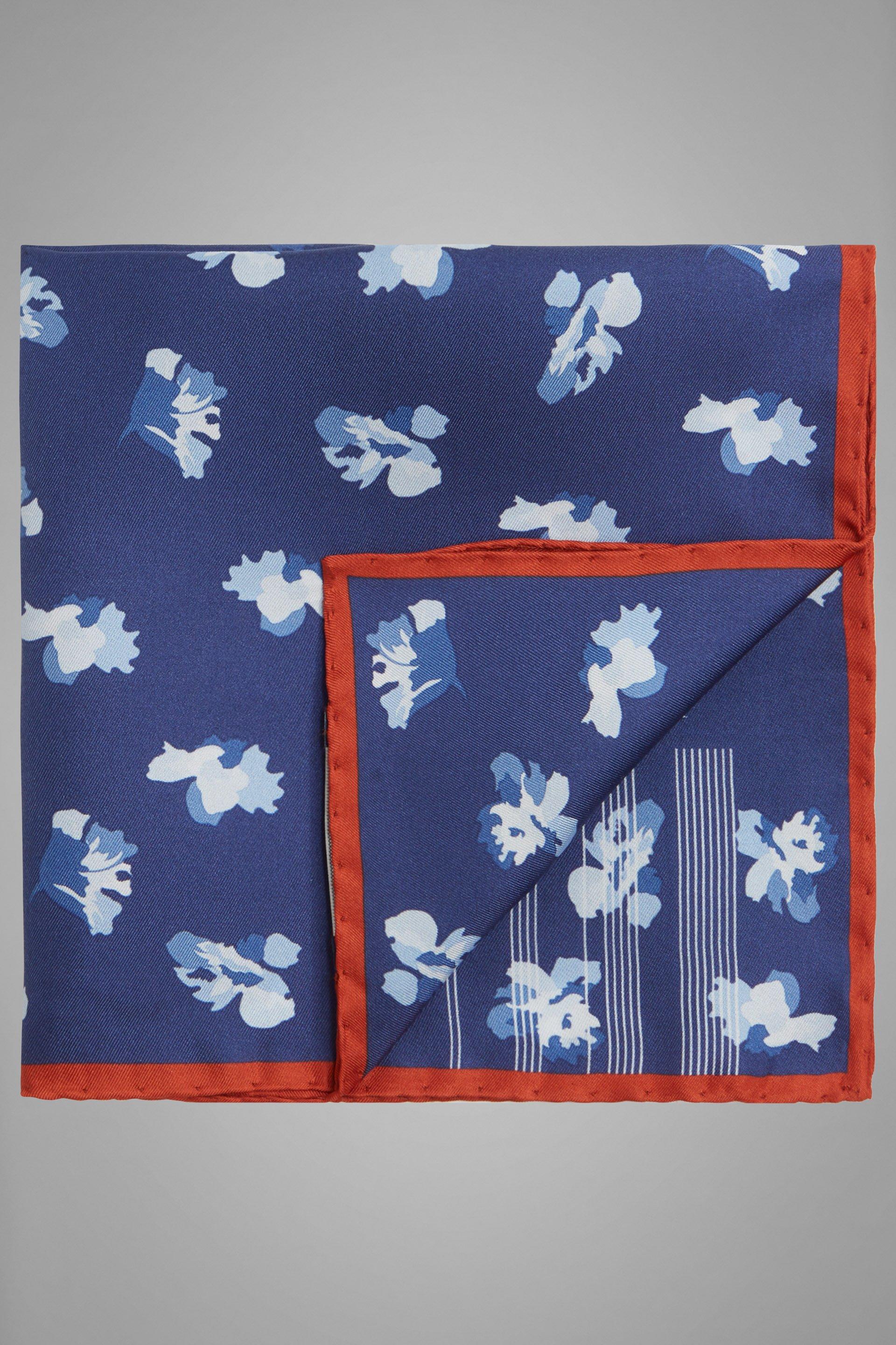 Navy Floral Silk Pocket Square, Navy blue, large image number 0