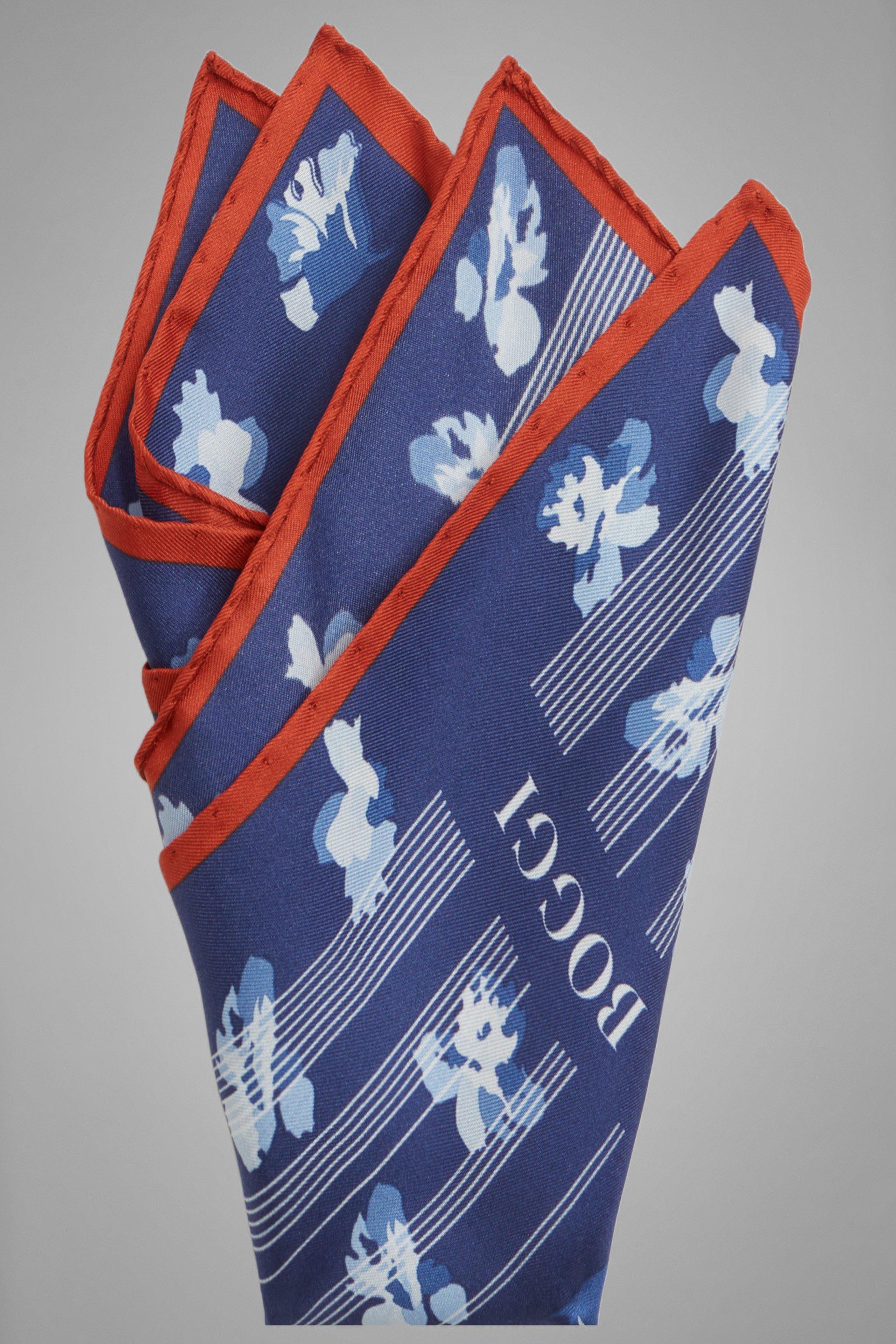 Navy Floral Silk Pocket Square, Navy blue, large image number 1