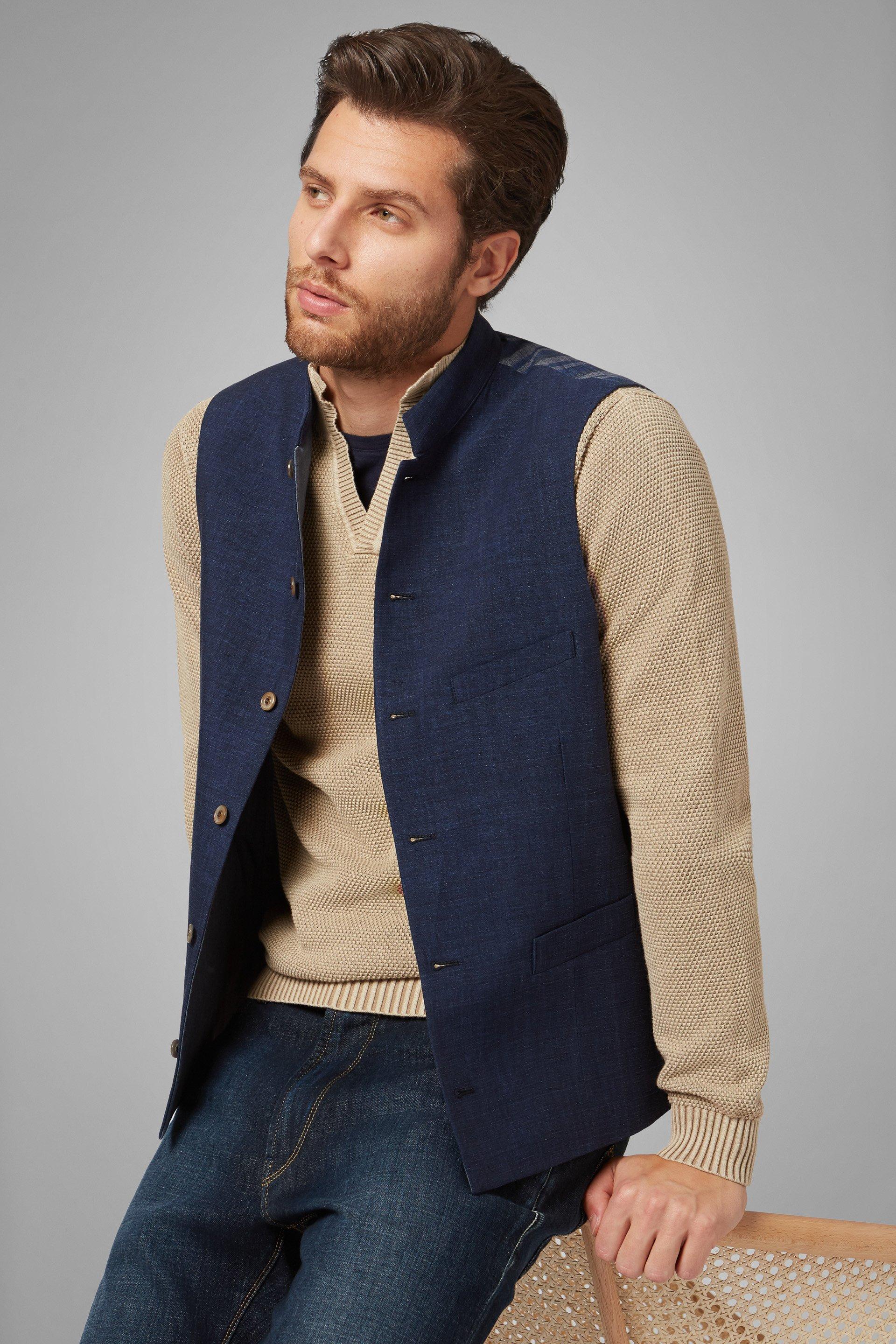 Blue Cotton/Linen/Tencel Mandarin Collar Waistcoat, , large image number 0