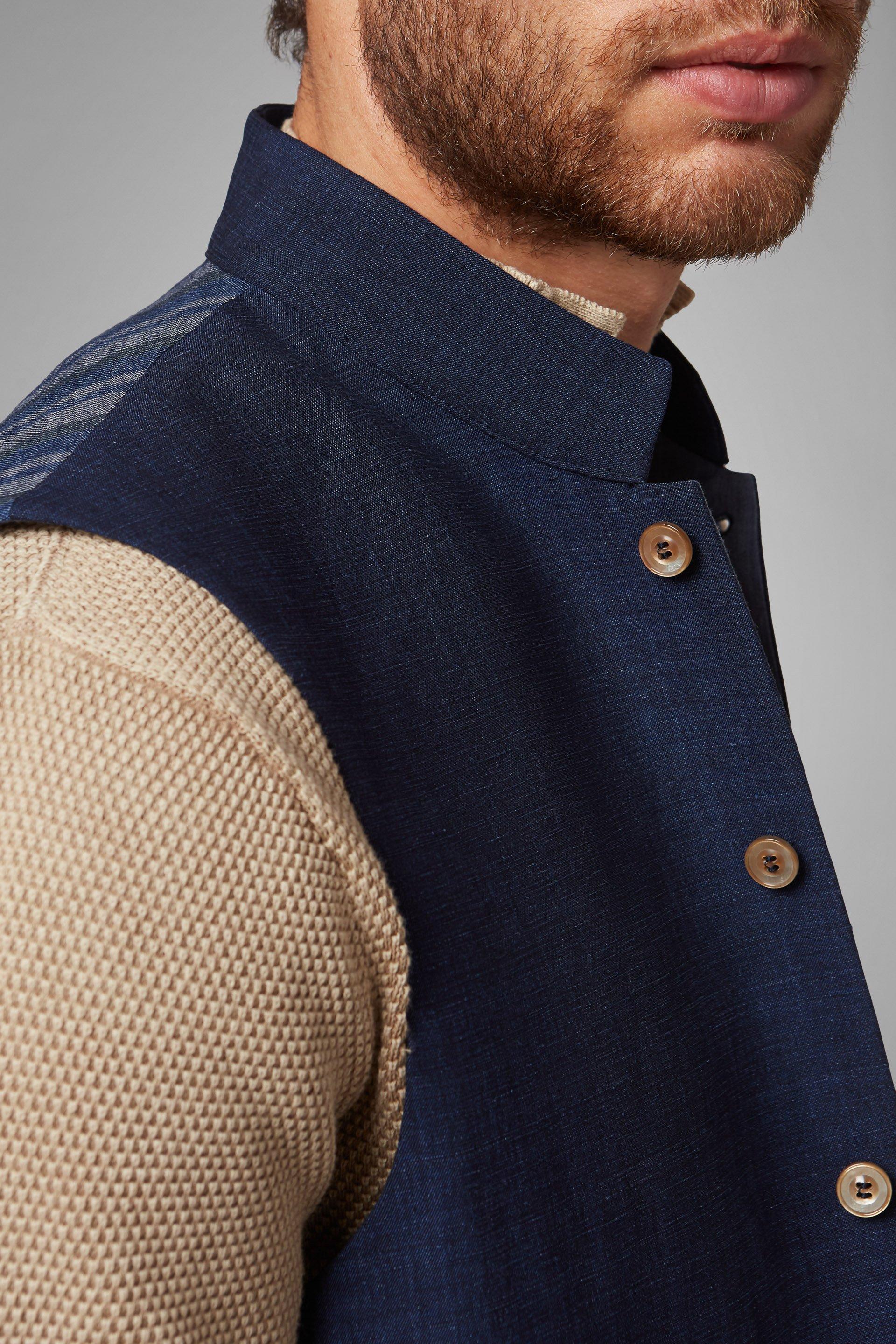 Blue Cotton/Linen/Tencel Mandarin Collar Waistcoat, , large image number 1