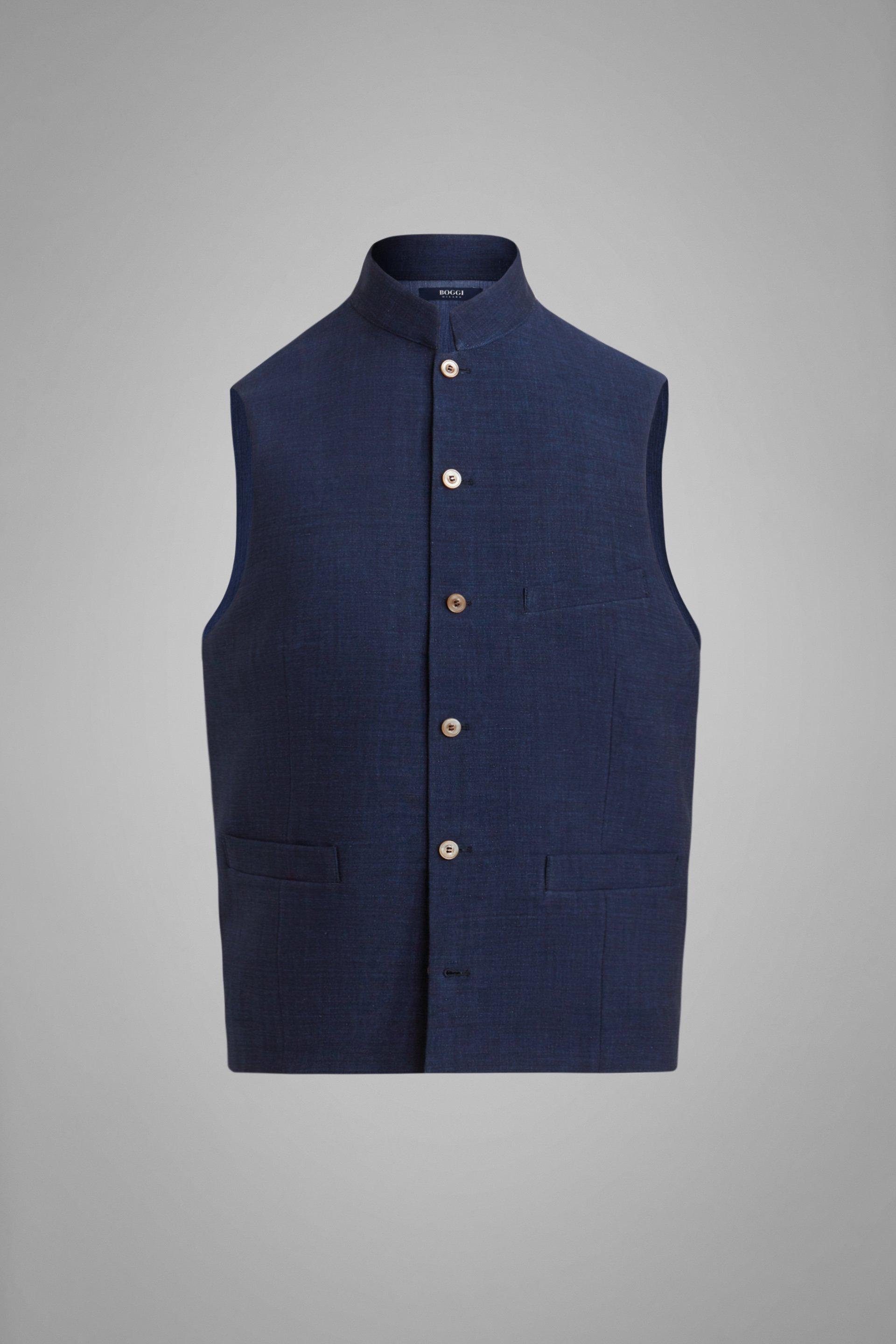Blue Cotton/Linen/Tencel Mandarin Collar Waistcoat, , large image number 3