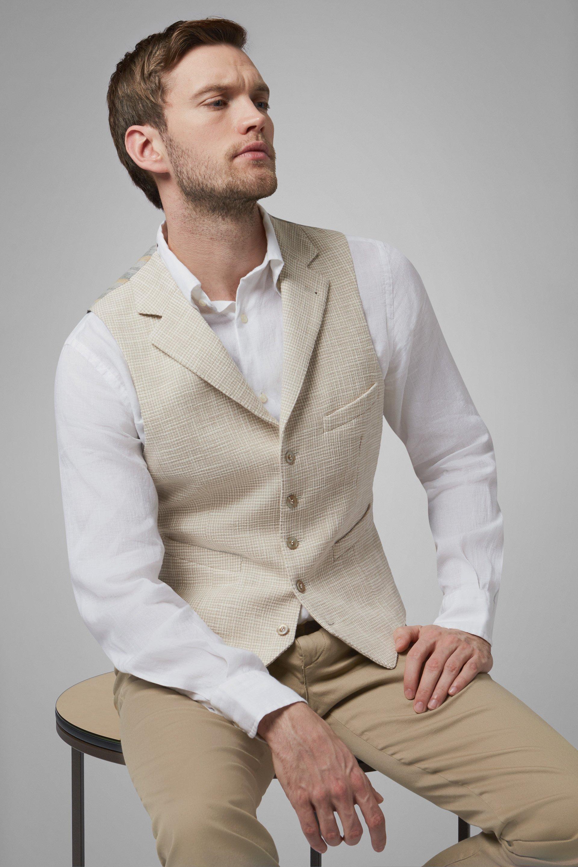 Beige Cotton Peaked Lapel Waistcoat, , large image number 0