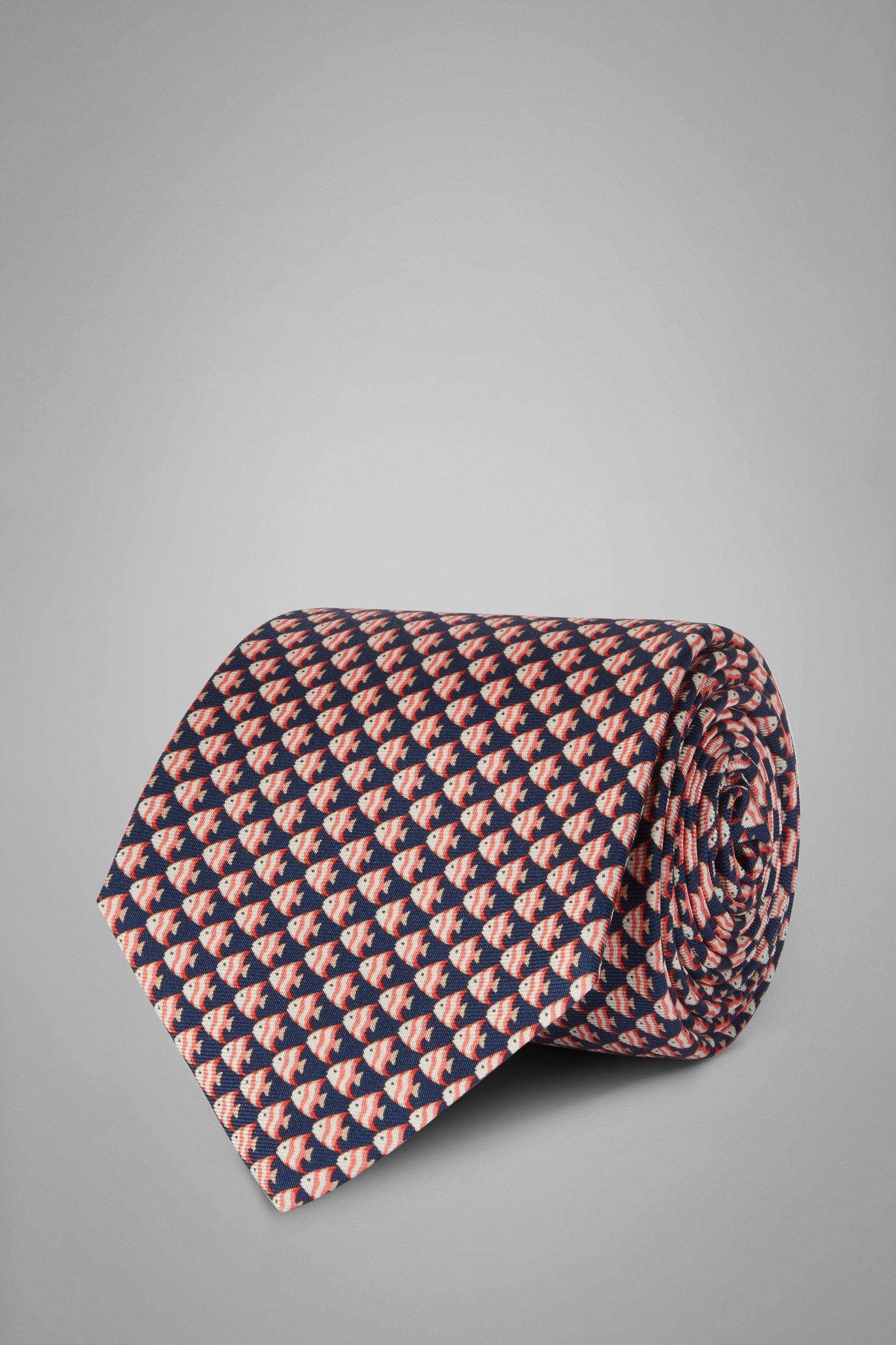 Blue Fish Print Silk Tie, , large image number 0