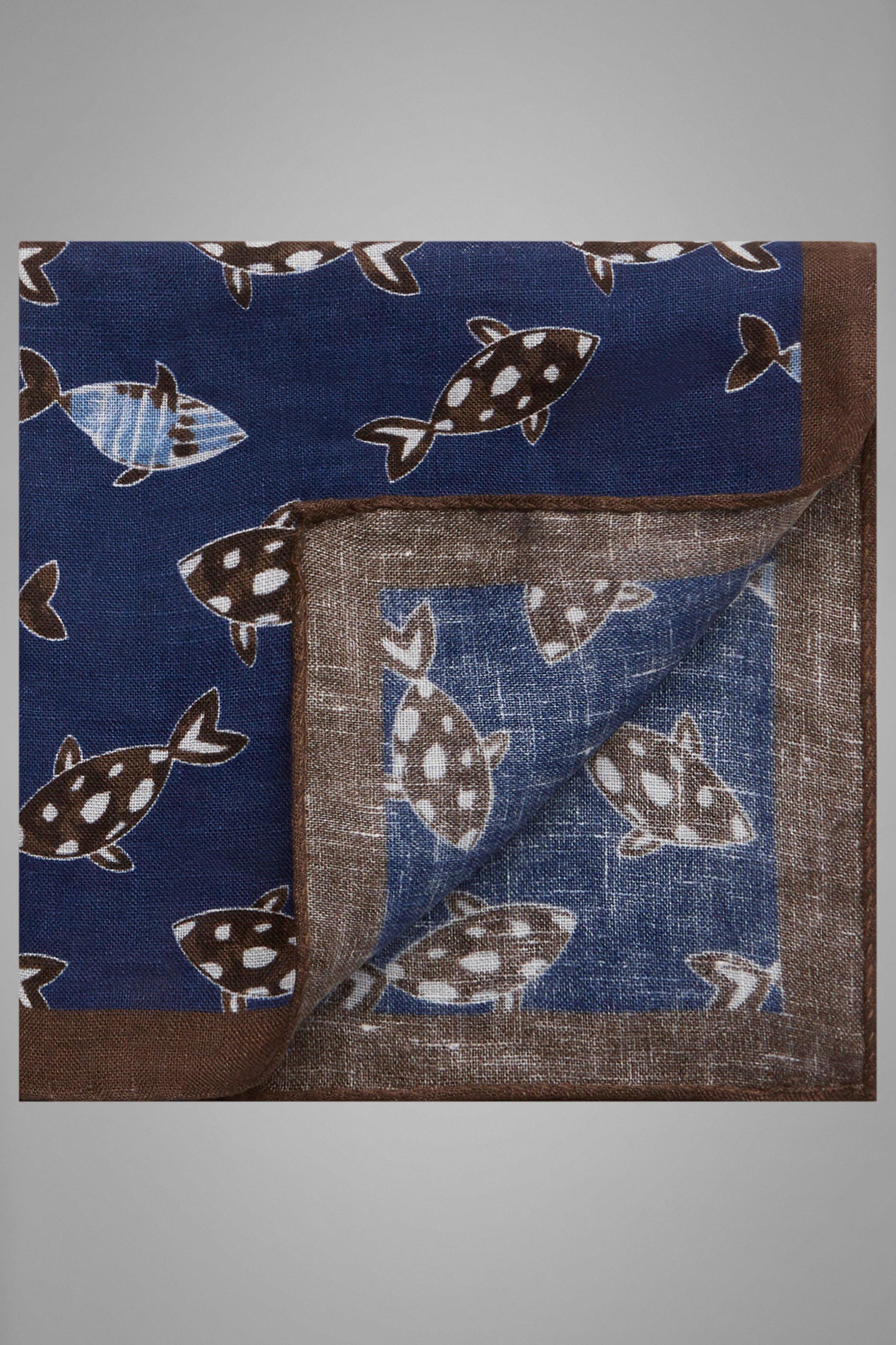 Navy Brown Fish Print Linen Pocket Square, Blue - Dark brown, large image number 0