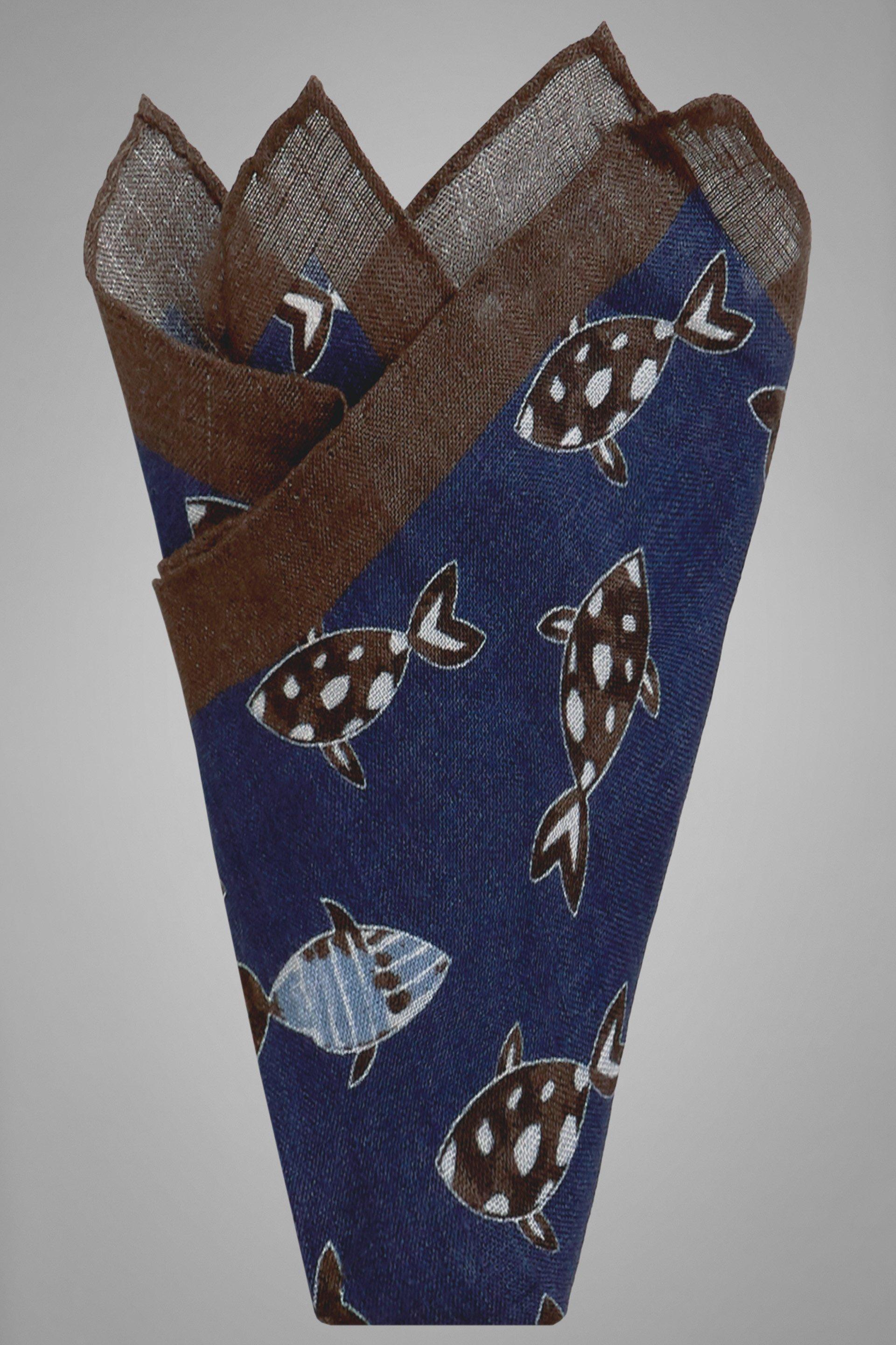 Navy Brown Fish Print Linen Pocket Square, Blue - Dark brown, large image number 1