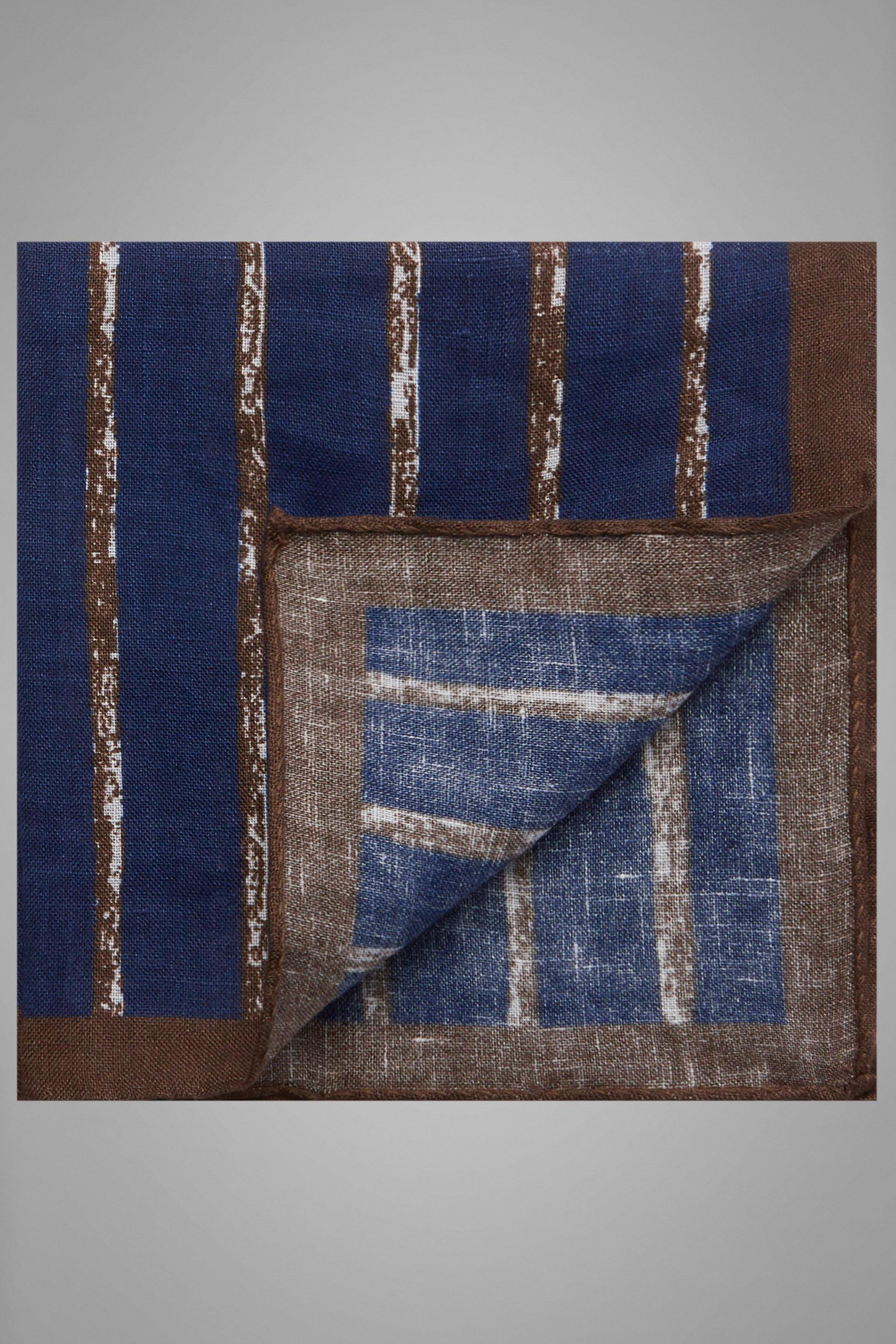Navy Brown Regimental Printed Linen Pocket Square, Blue - Dark brown, large image number 0