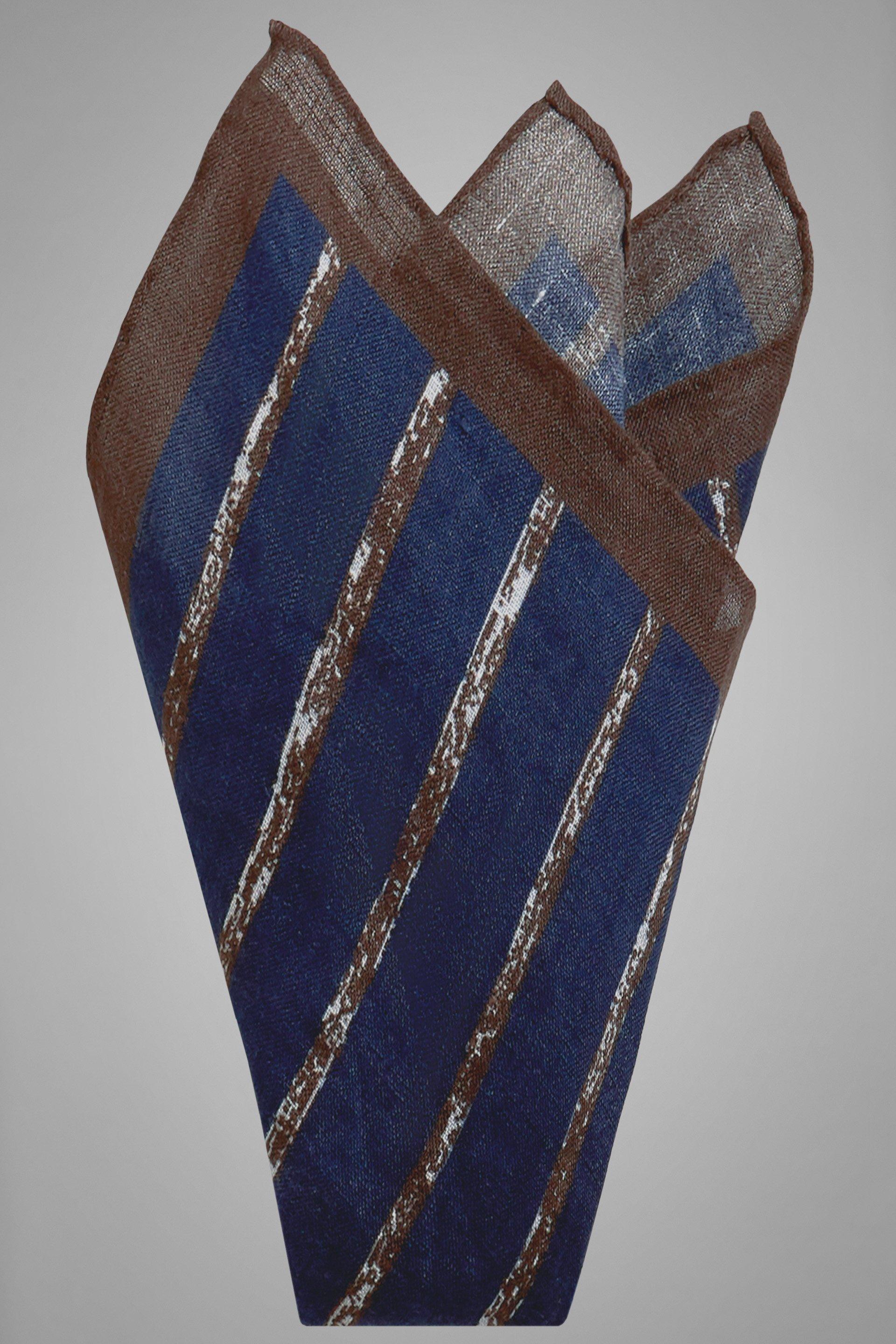 Navy Brown Regimental Printed Linen Pocket Square, Blue - Dark brown, large image number 1