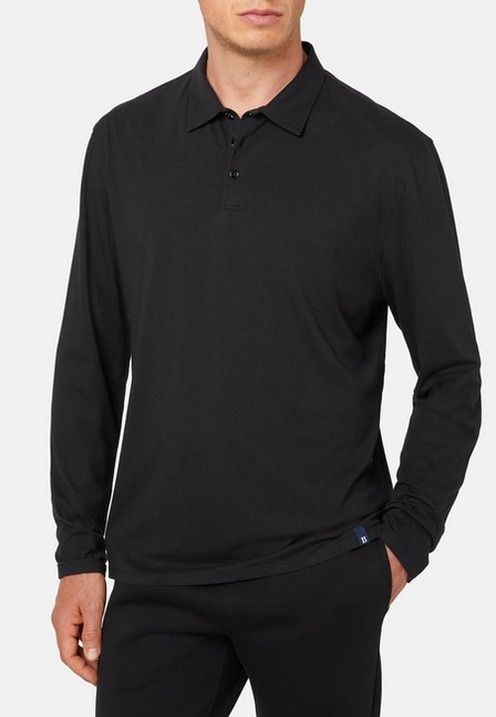 Boggi Milano - Black Long-Sleeved Cotton/Tencel Polo Shirt For Men - Regular