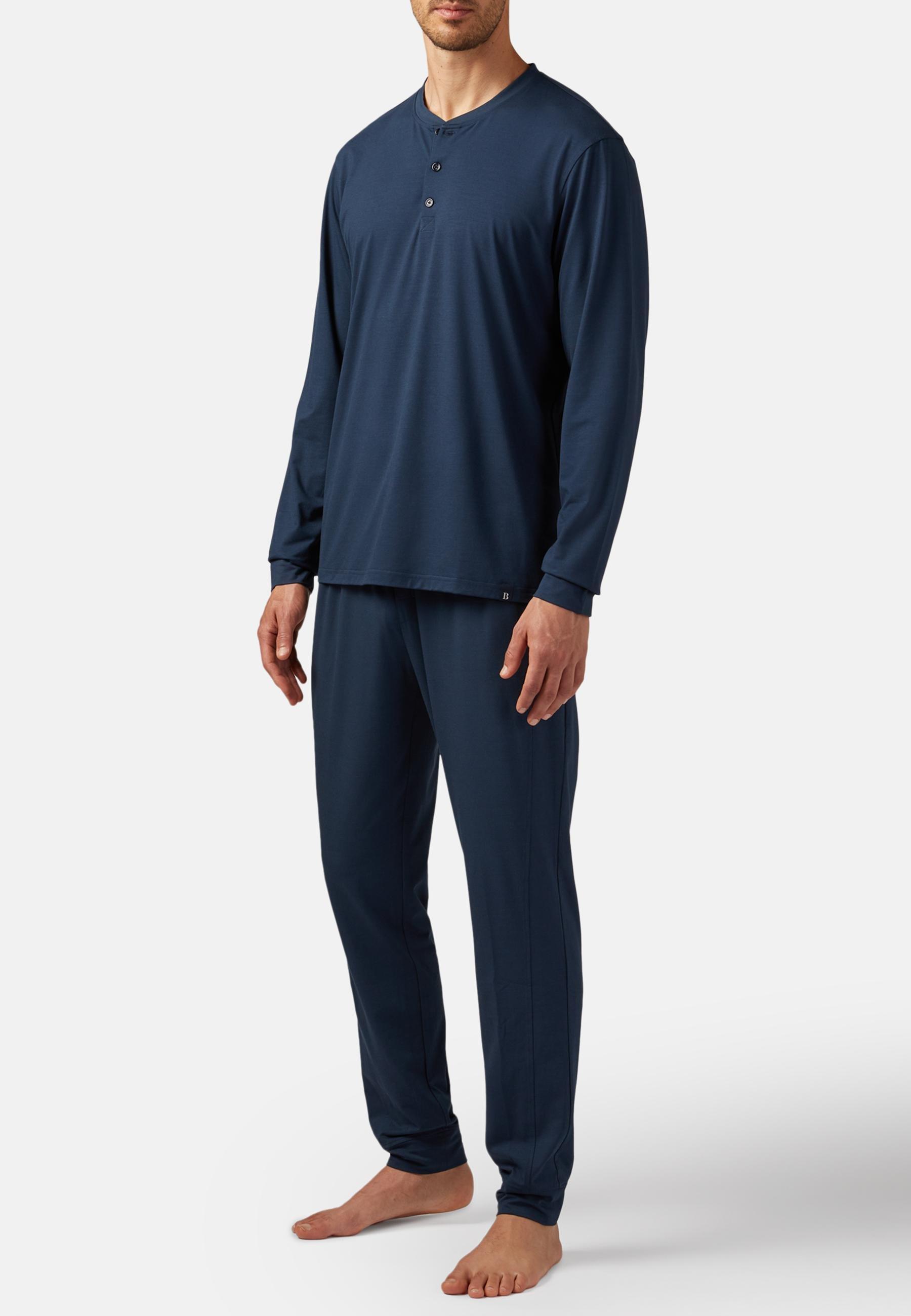 Blue Long-Sleeved Viscose Blend Pyjama T-Shirt, , medium
