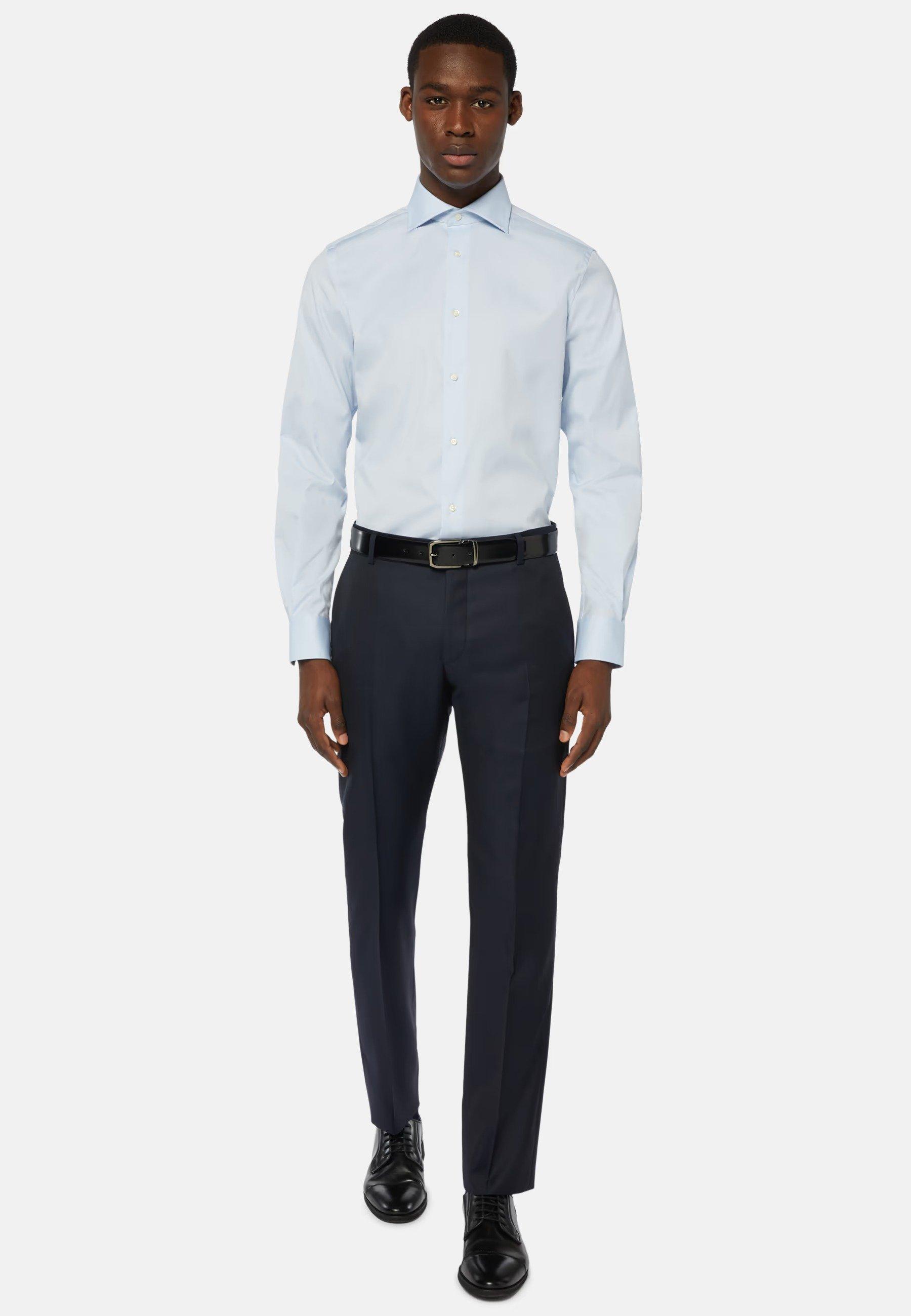 Blue Stretch Napoli Collar Shirt, , large image number 1