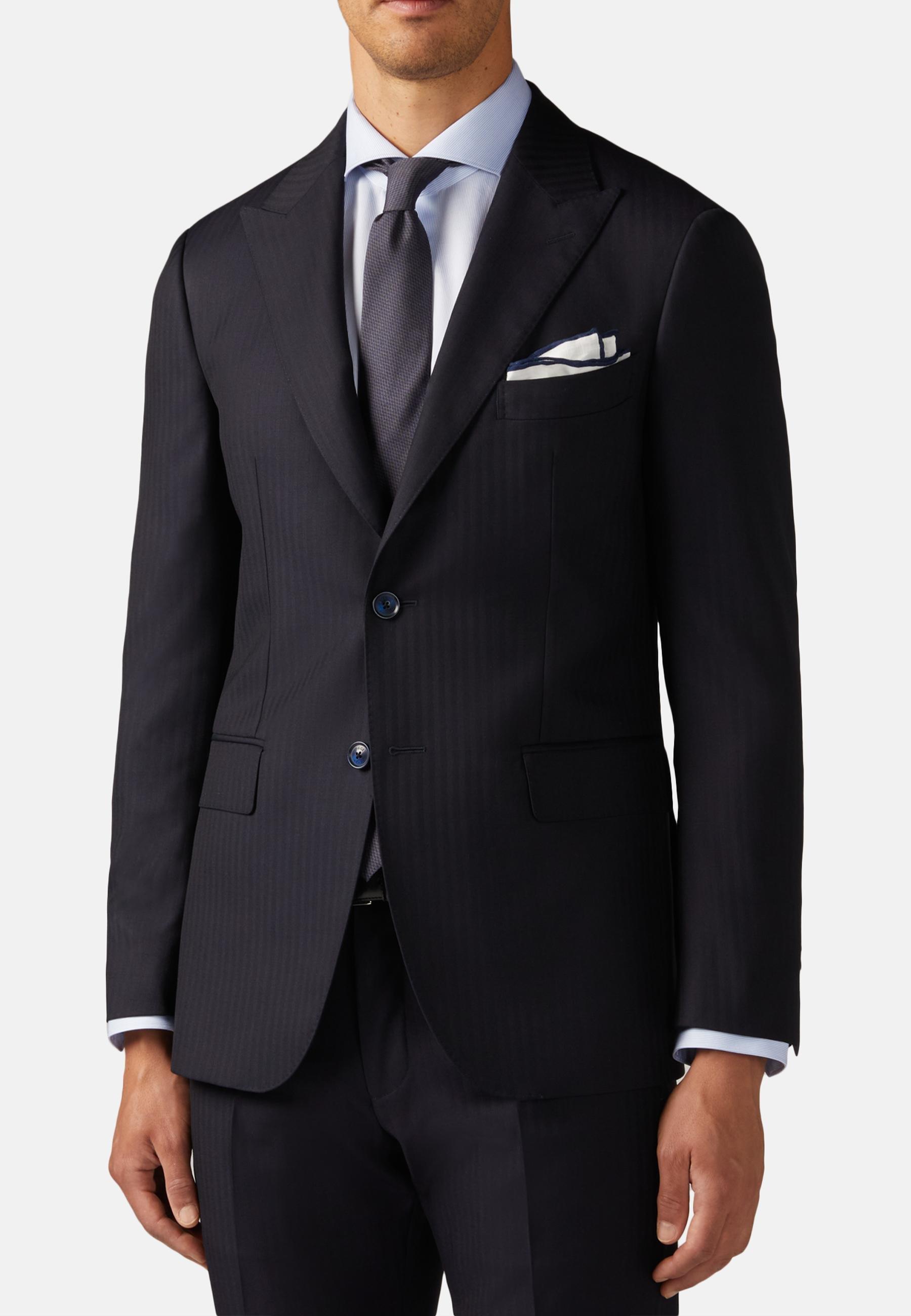 Boggi Milano Navy Herringbone Weave Wool Peak Lapel Suit | Azadea UAE