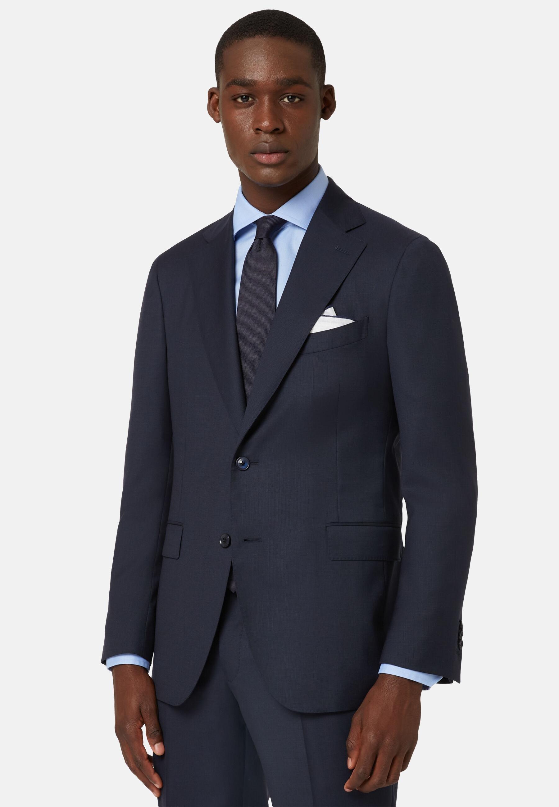 Navy Jacket in Woven Micro Textured Wool Fabric, Navy Blue, Navy blue, medium