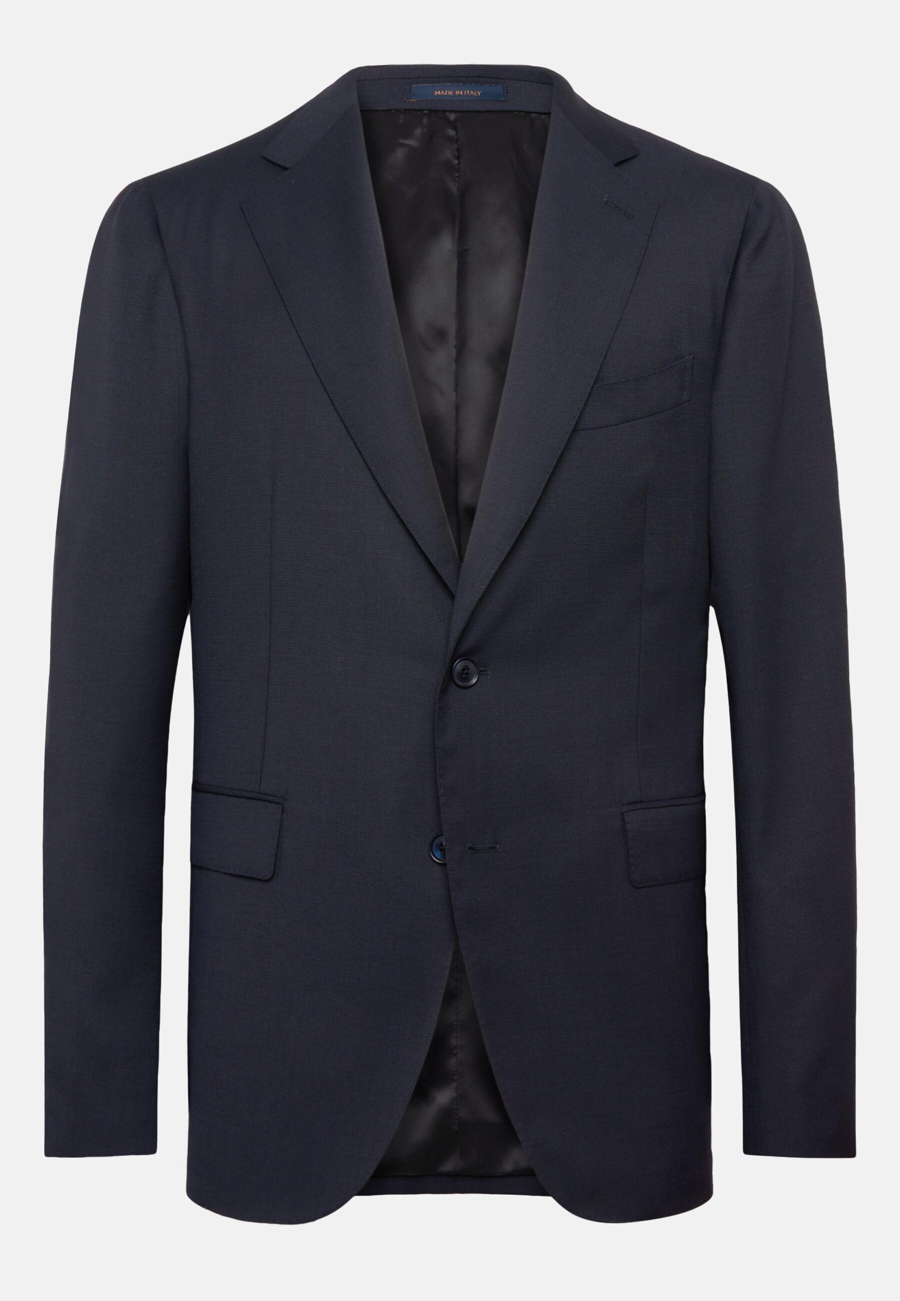 Navy Jacket in Woven Micro Textured Wool Fabric, Navy Blue, Navy blue, large image number 3