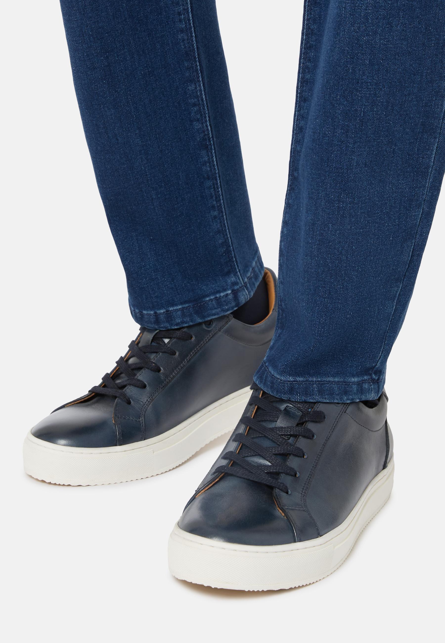 Navy Leather Trainers, 3901_NAVY, large image number 0