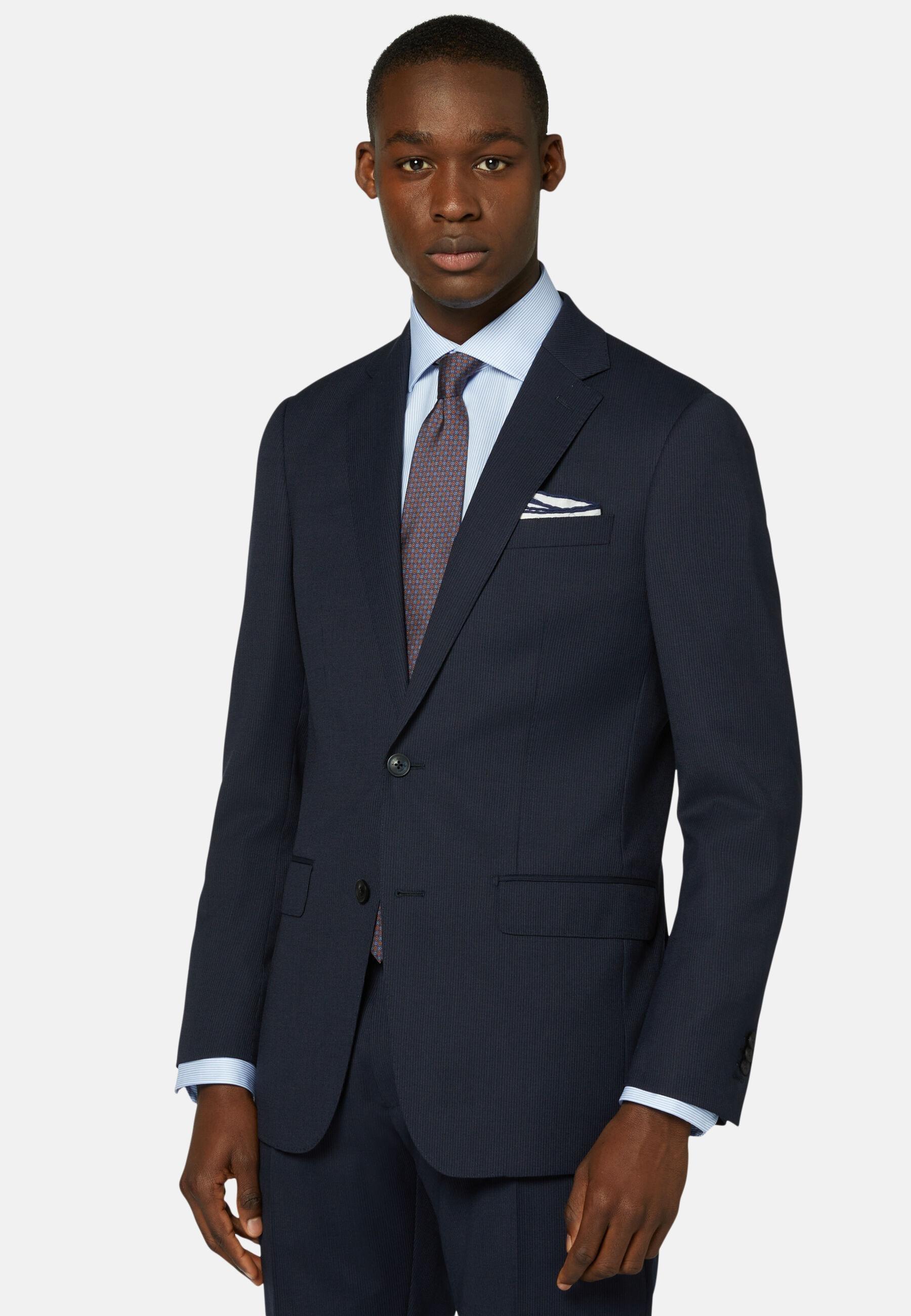 Pinstripe Stretch Wool Suit Blue, Navy blue, medium
