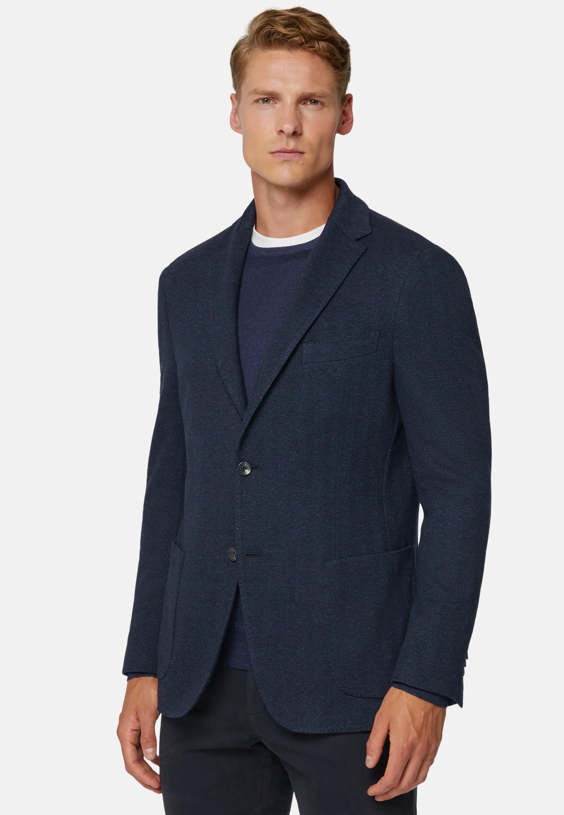 Herringbone Jacket In Wool And Cotton Navy, Navy blue, large image number 1