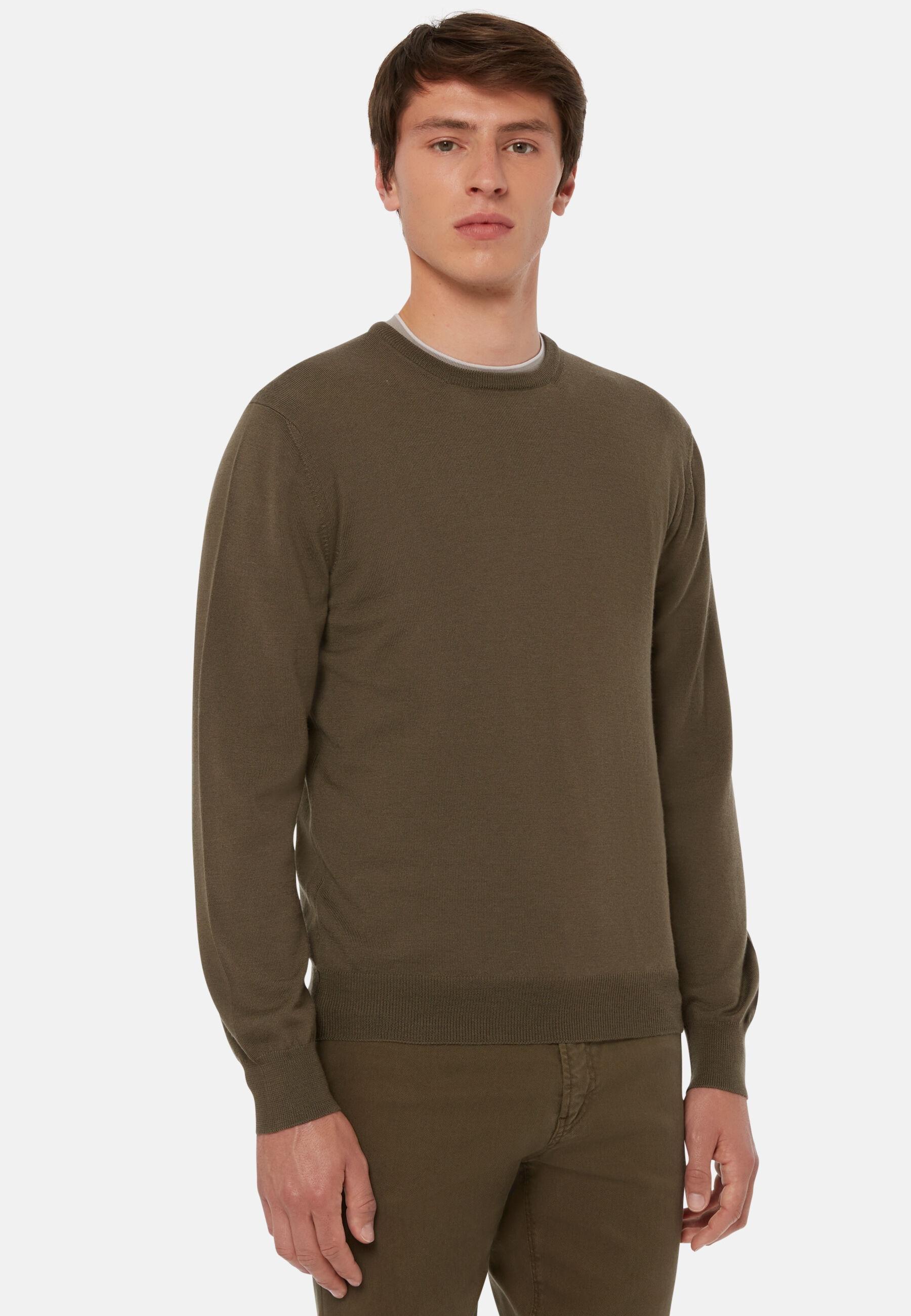Merino Wool Crew Neck Jumper Green, Military Green, medium