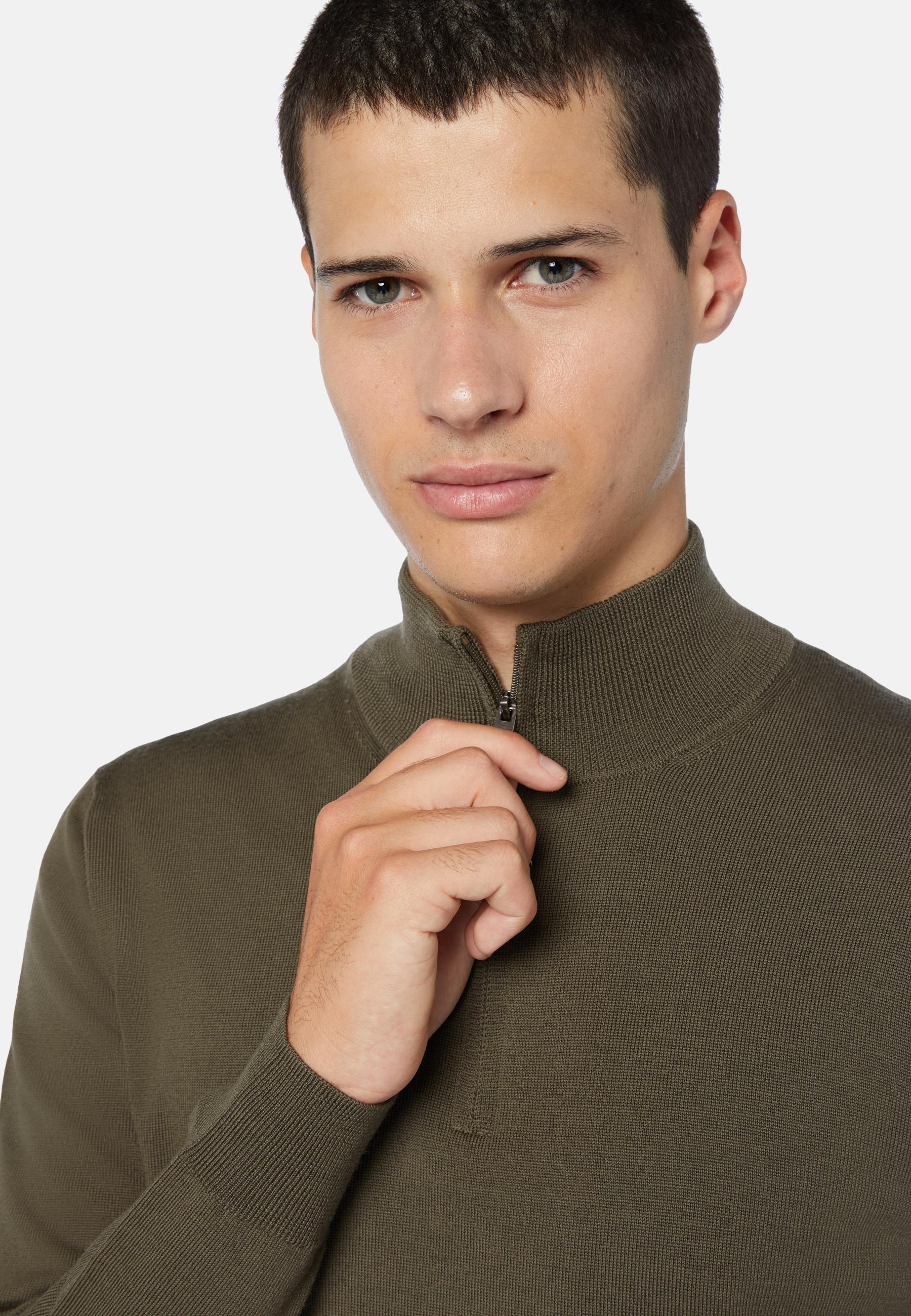 Merino Wool Half-Zip Jumper Green, Military Green, large image number 2
