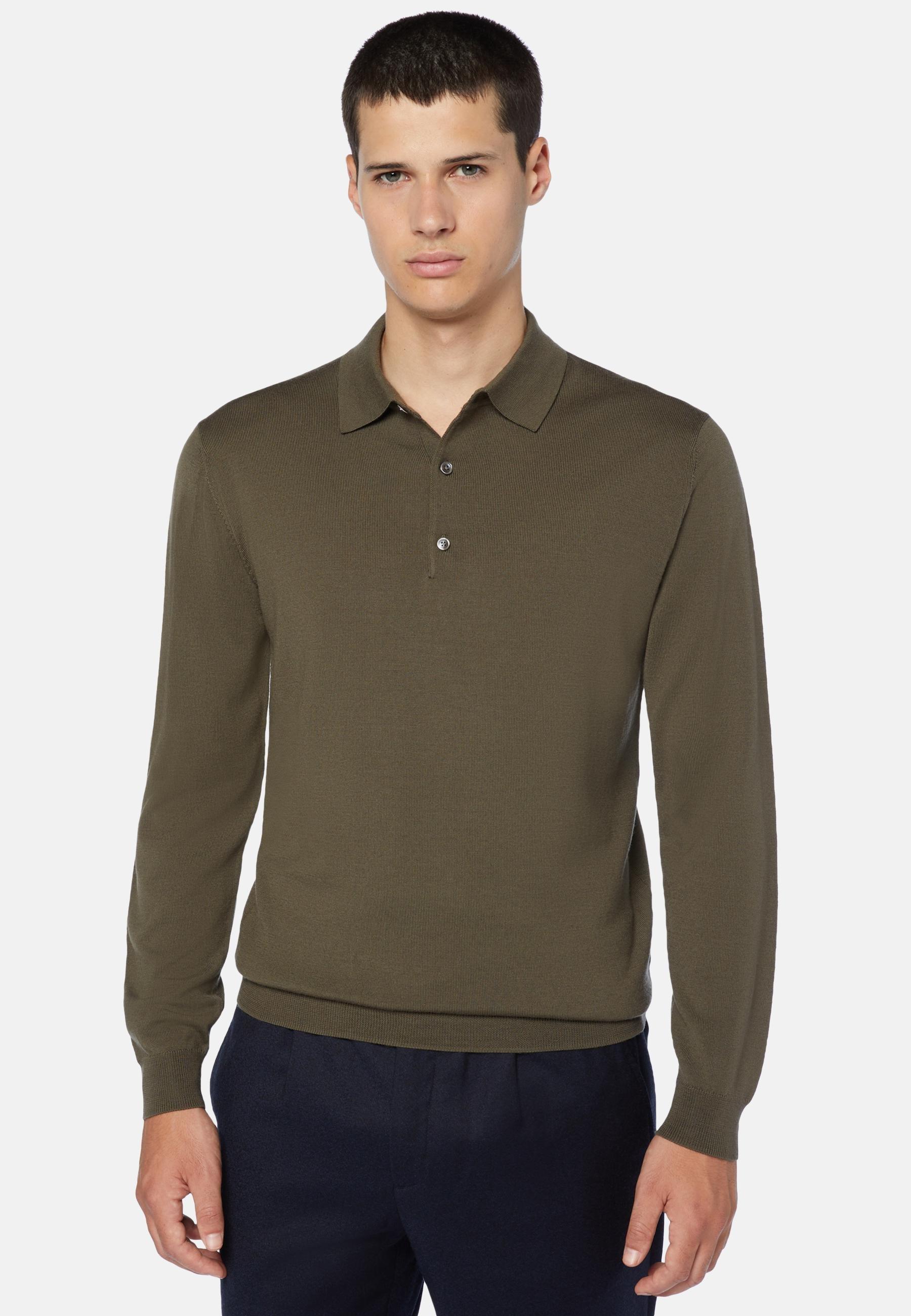 Knitted Polo Shirt in Merino Wool, Military Green, Military Green, large image number 0