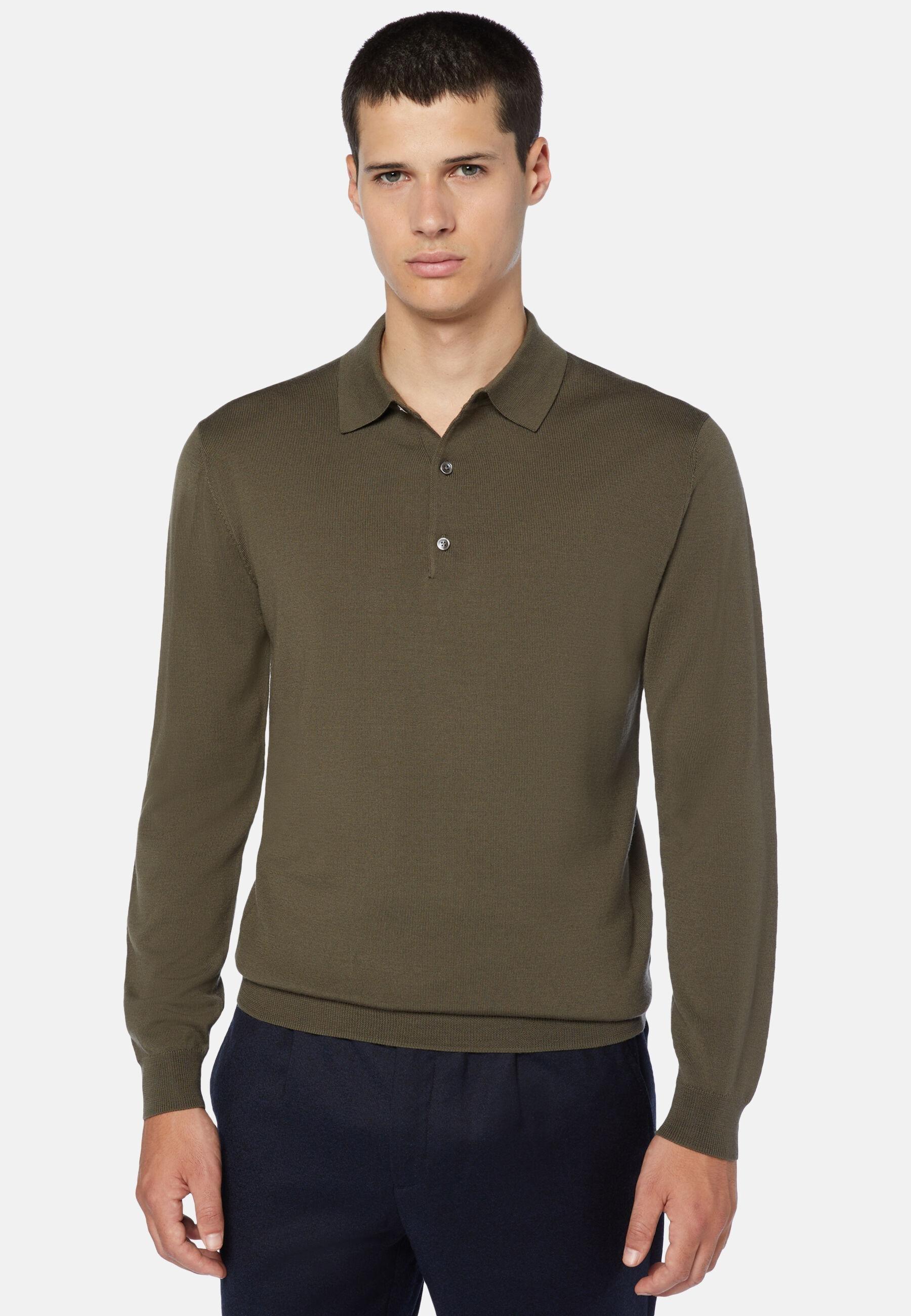 Knitted Polo Shirt in Merino Wool, Military Green, Military Green, large image number 1