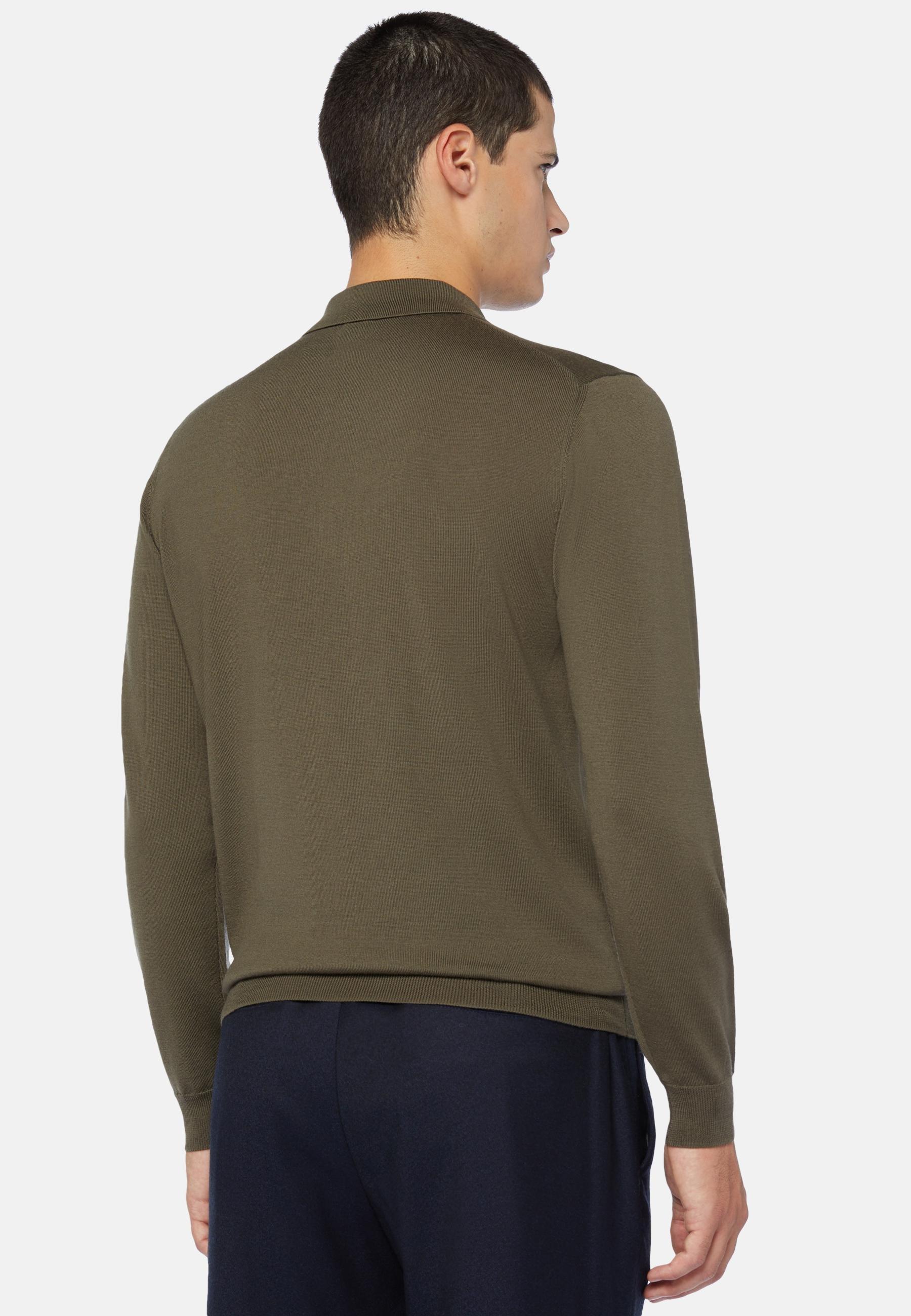 Knitted Polo Shirt in Merino Wool, Military Green, Military Green, large image number 2