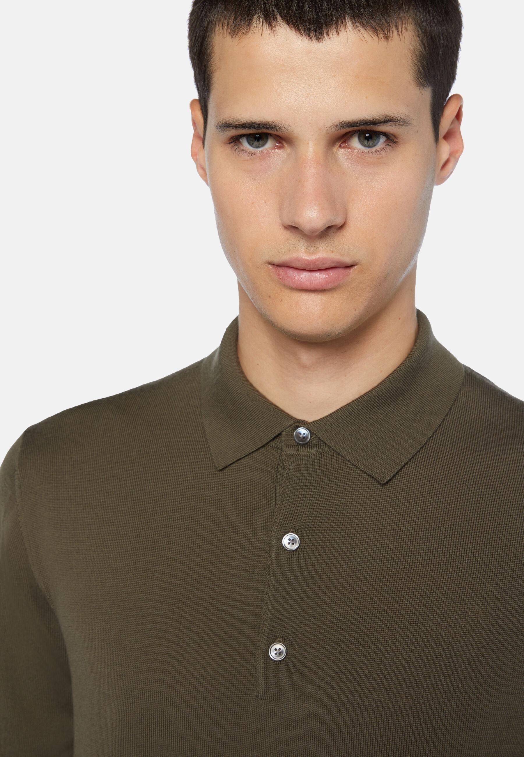 Knitted Polo Shirt in Merino Wool, Military Green, Military Green, large image number 5