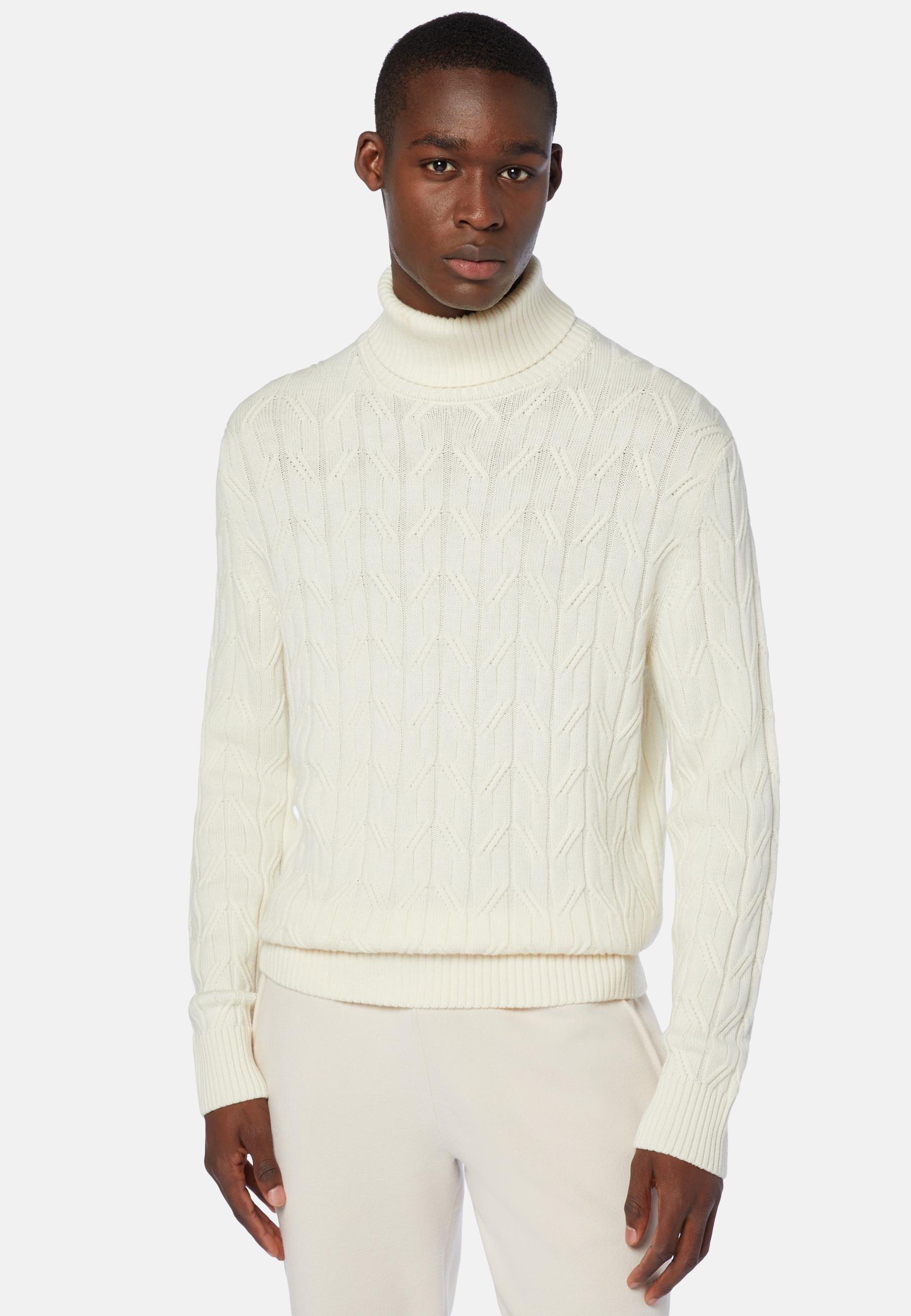 Merino Wool Polo Neck Pullover White, White, medium