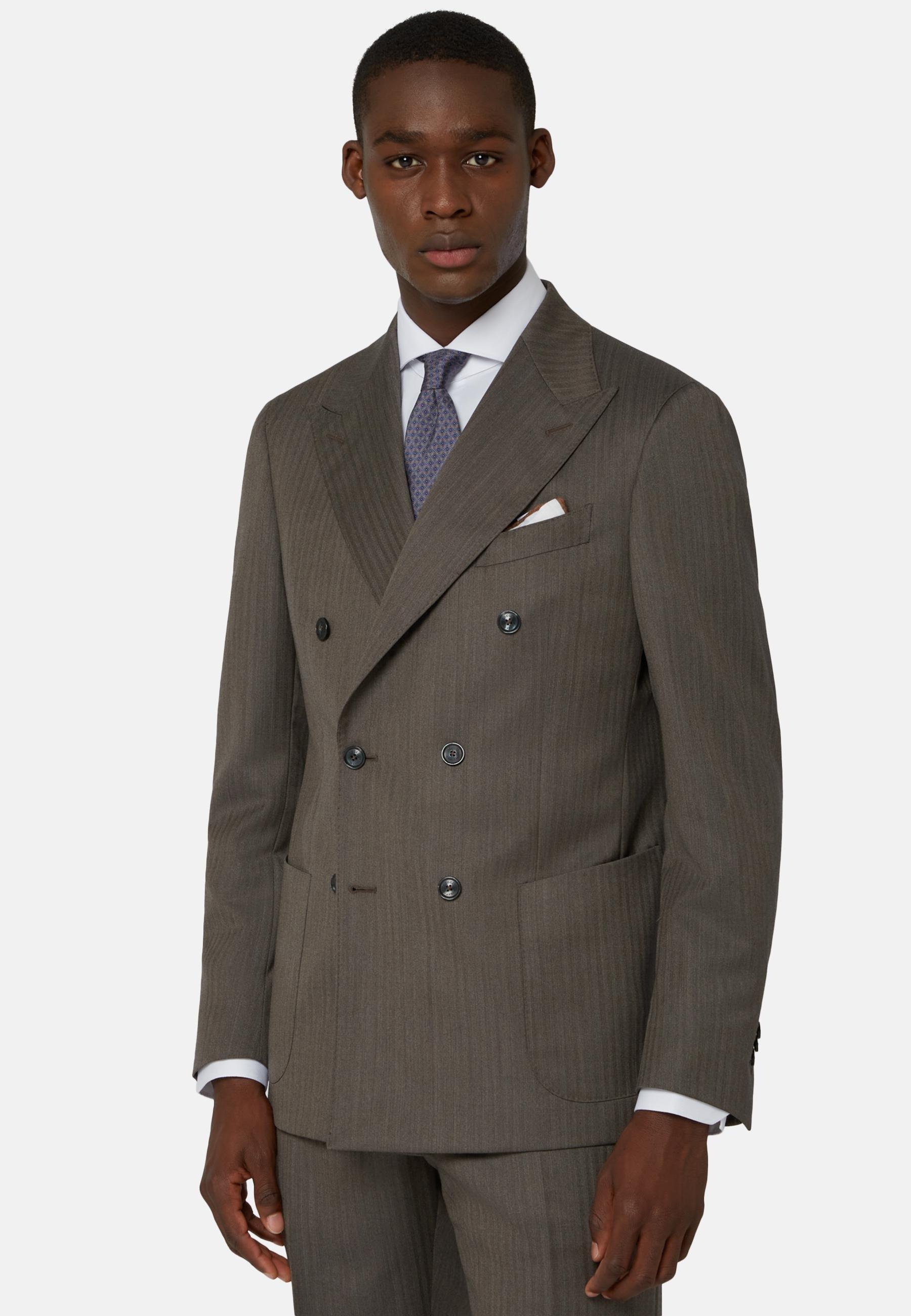 Double Breasted Herringbone Suit Grey, Taupe, large image number 0