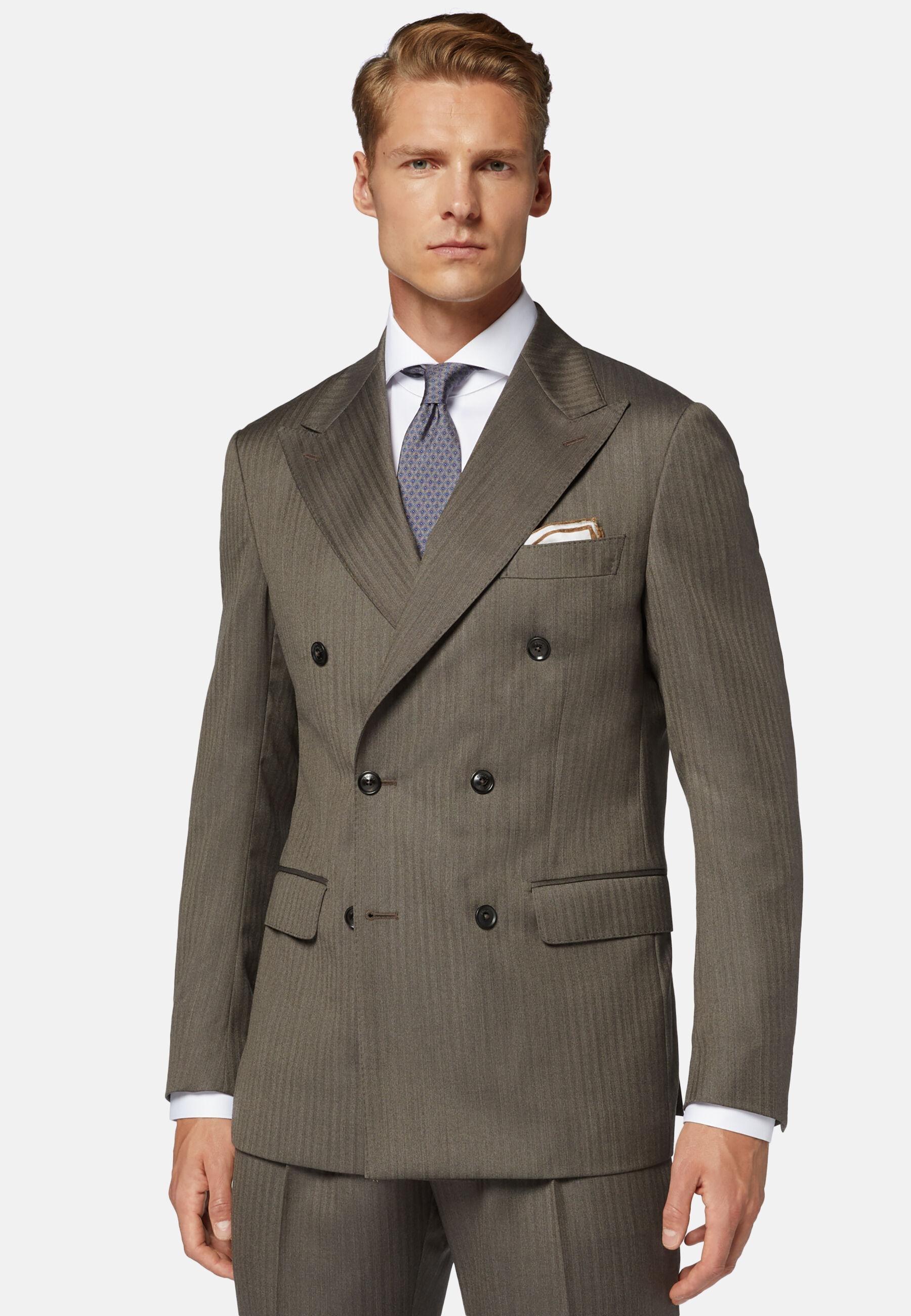Double Breasted Herringbone Suit Grey, Taupe, large image number 1