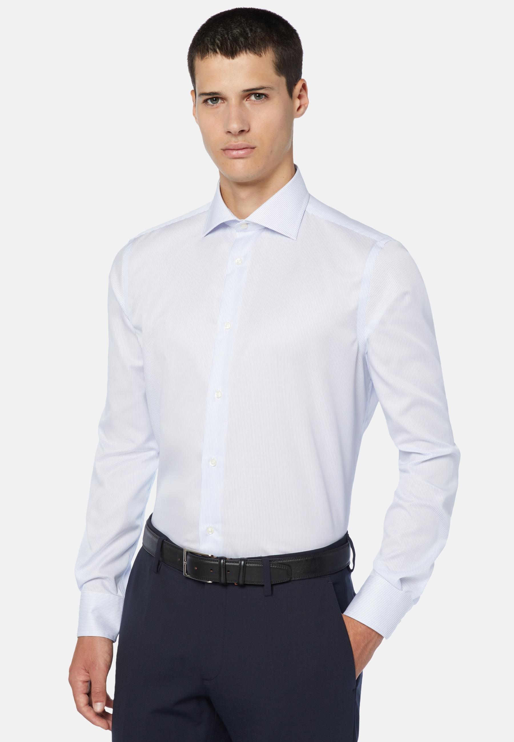 Striped Cotton Twill Shirt Blue, Light Blue, large image number 1