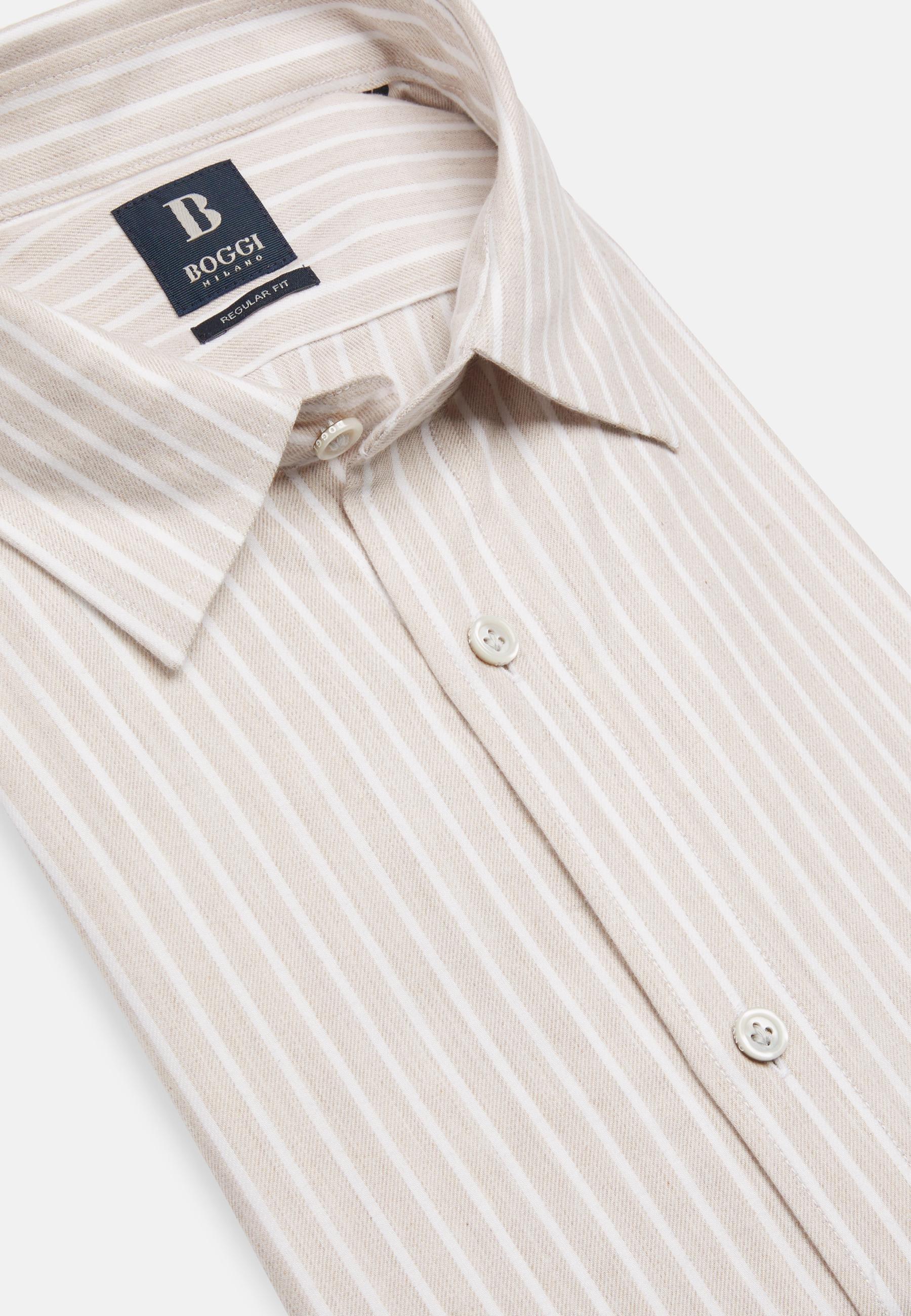 Boggi Milano - Beige Striped Cotton Tencel Shirt Regular Fit