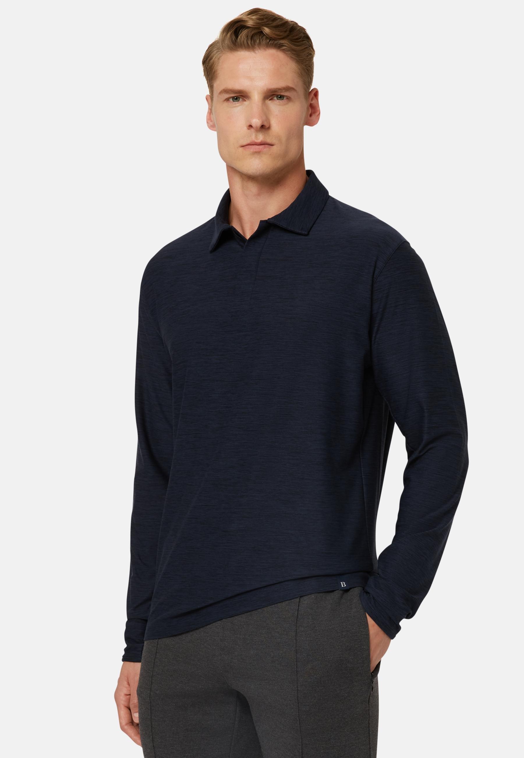 Long-Sleeved Technical Fabric Polo Shirt Blue, Navy blue, large image number 0