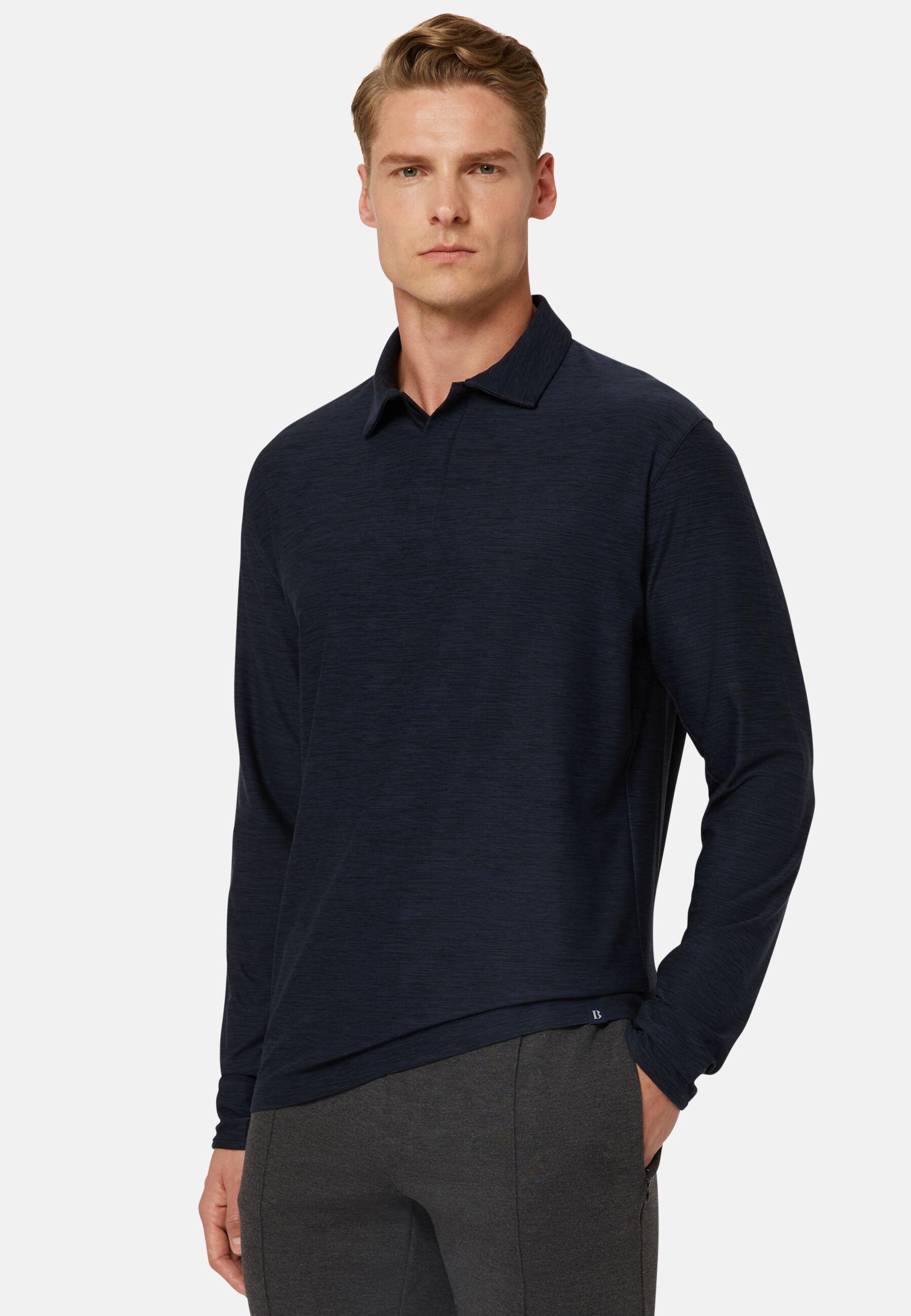 Long-Sleeved Technical Fabric Polo Shirt Blue, Navy blue, large image number 1