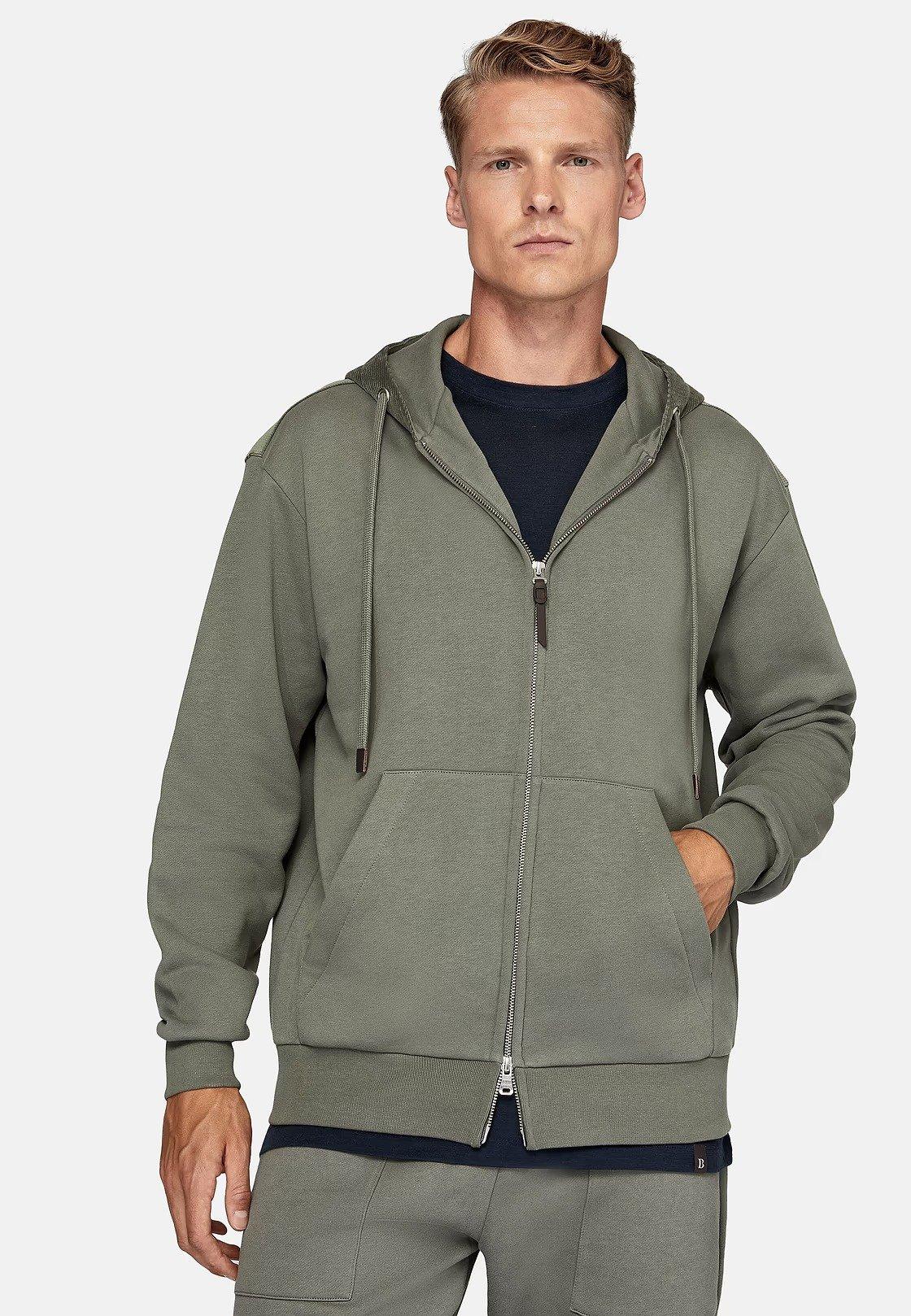Khaki Solid Casual Hooded Sweatshirt, Green, medium