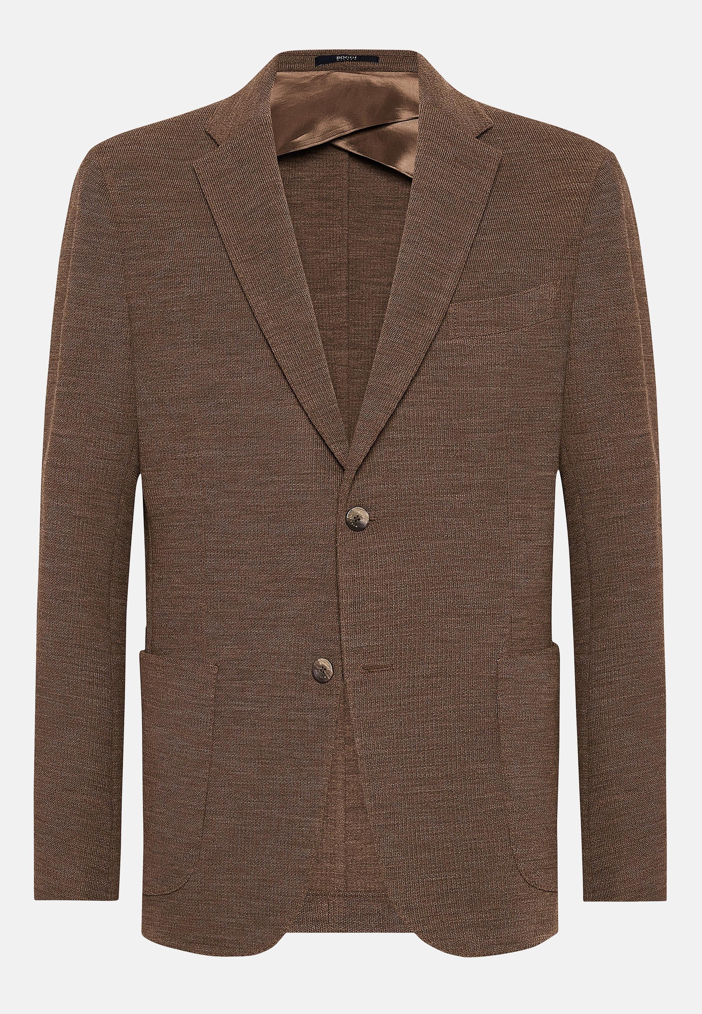Brown Textured Wool Jersey Jacket, Brown, large image number 3