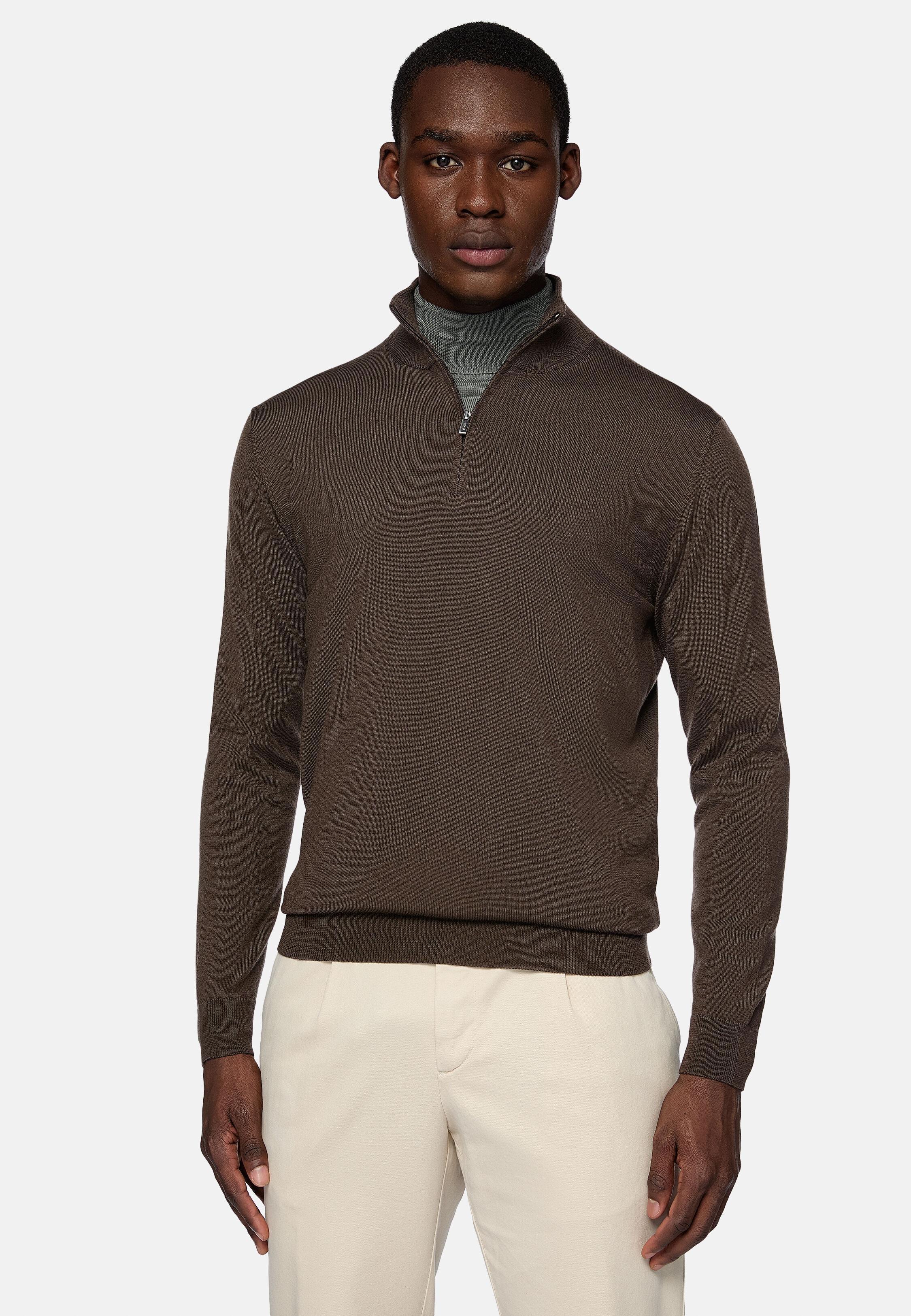 Half-Zip Jumper in Wool, Brown, Brown, large image number 0
