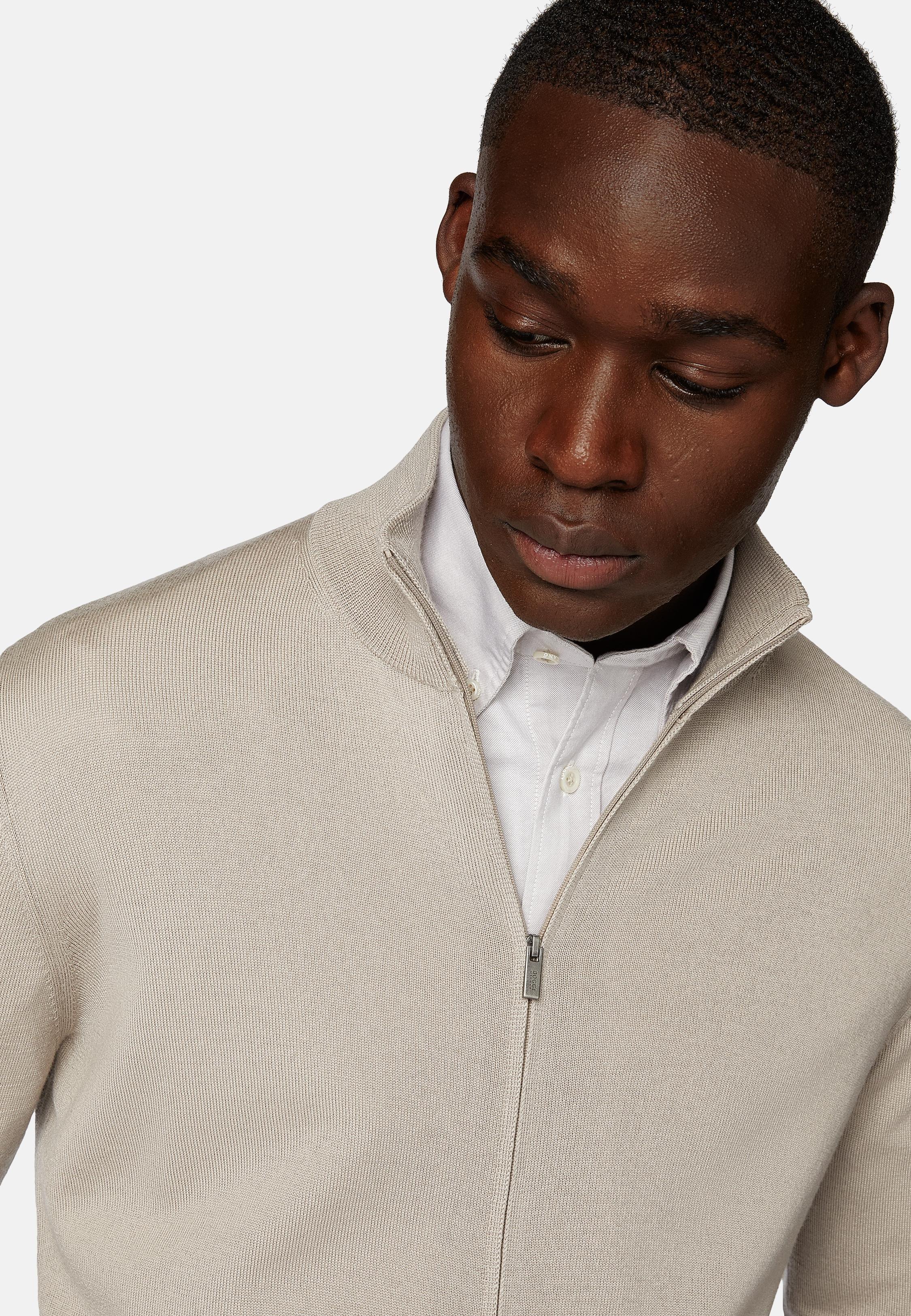 Beige Full-Zip Jumper In Merino Wool, Sand, large image number 2