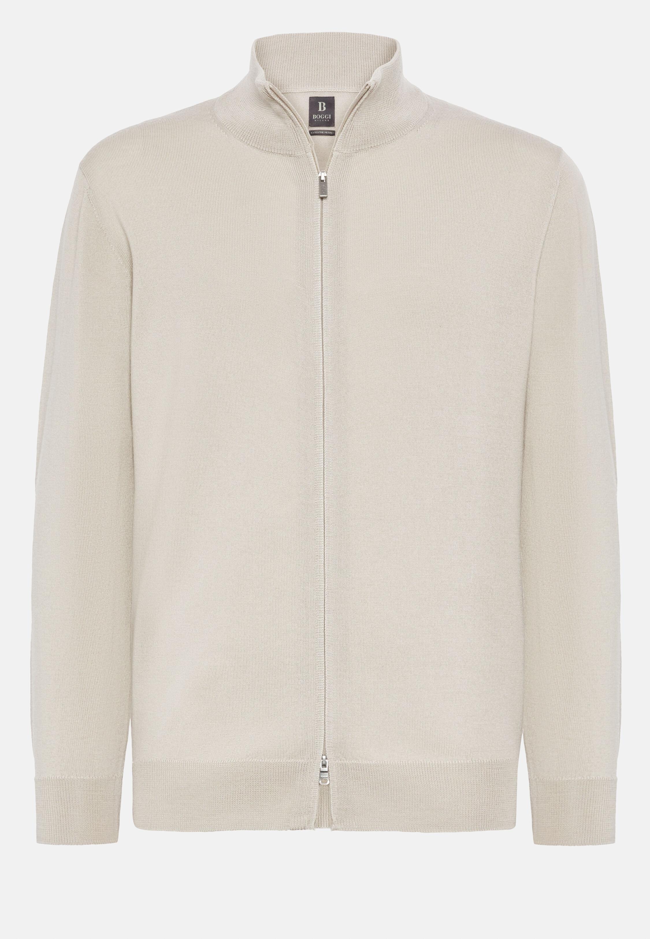 Beige Full-Zip Jumper In Merino Wool, Sand, large image number 3