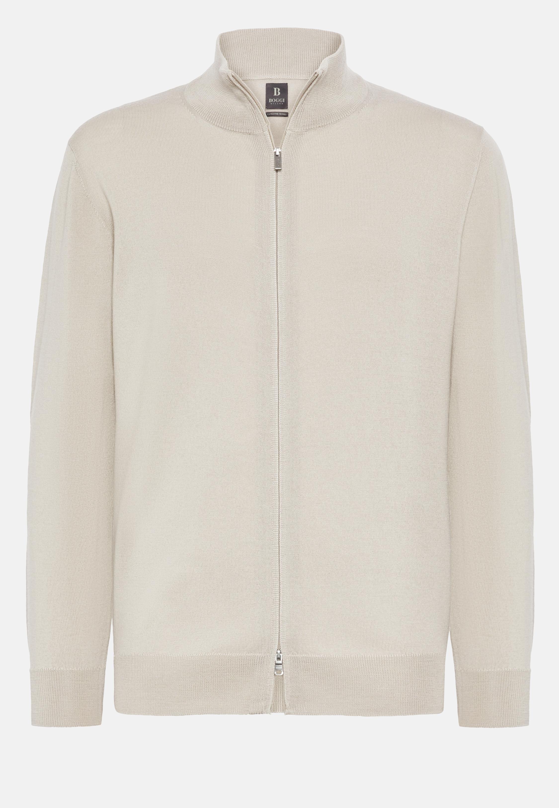 Beige Full-Zip Jumper In Merino Wool, Sand, large image number 3