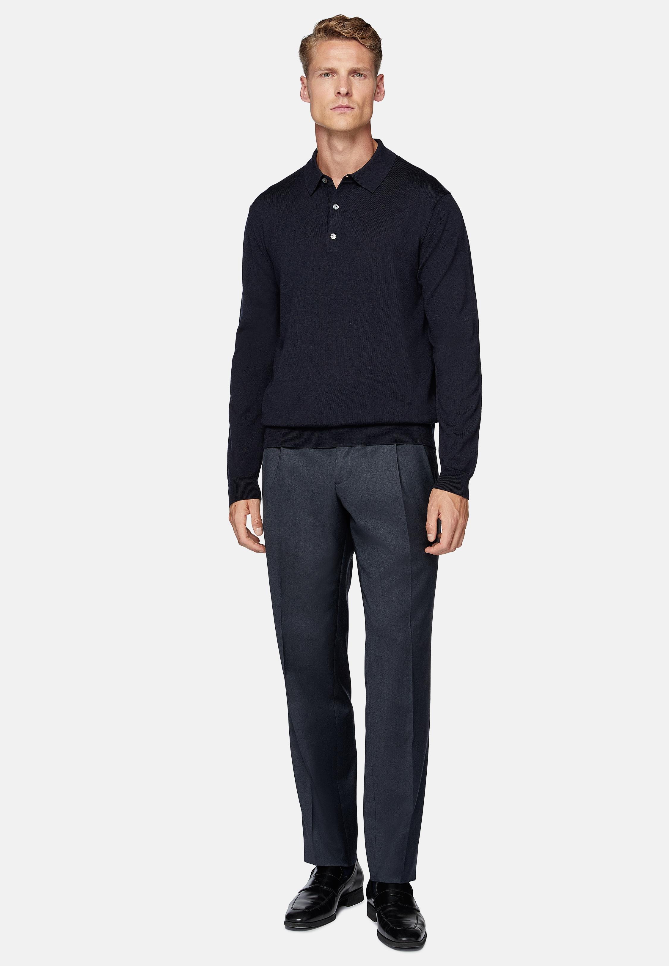 Navy Wool Knitted Polo Shirt, Navy blue, large image number 0