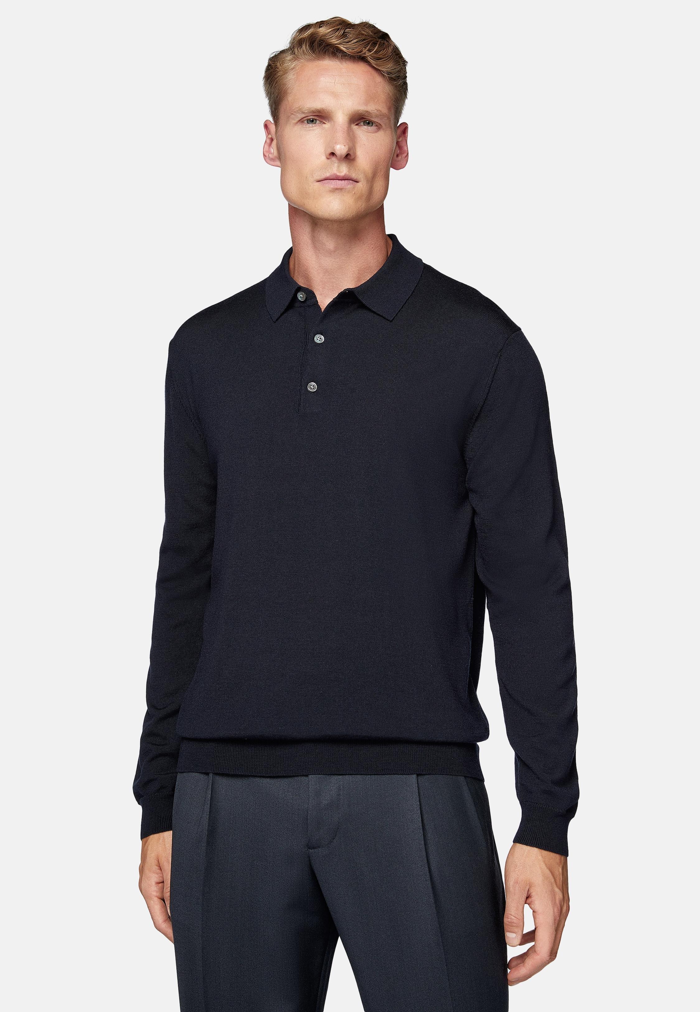 Navy Wool Knitted Polo Shirt, Navy blue, large image number 1
