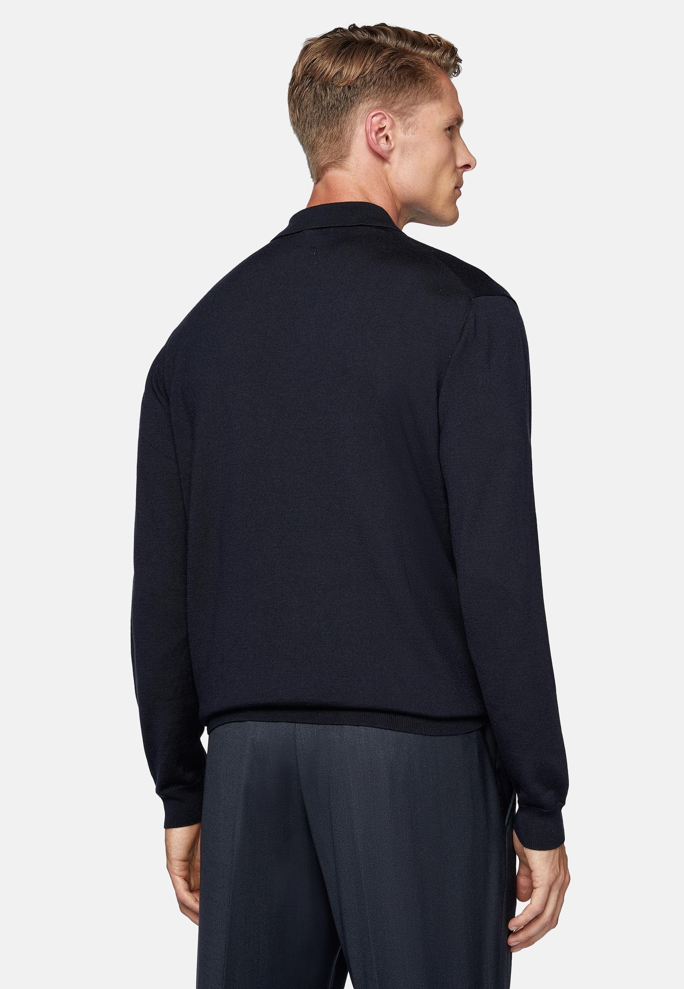 Navy Wool Knitted Polo Shirt, Navy blue, large image number 2