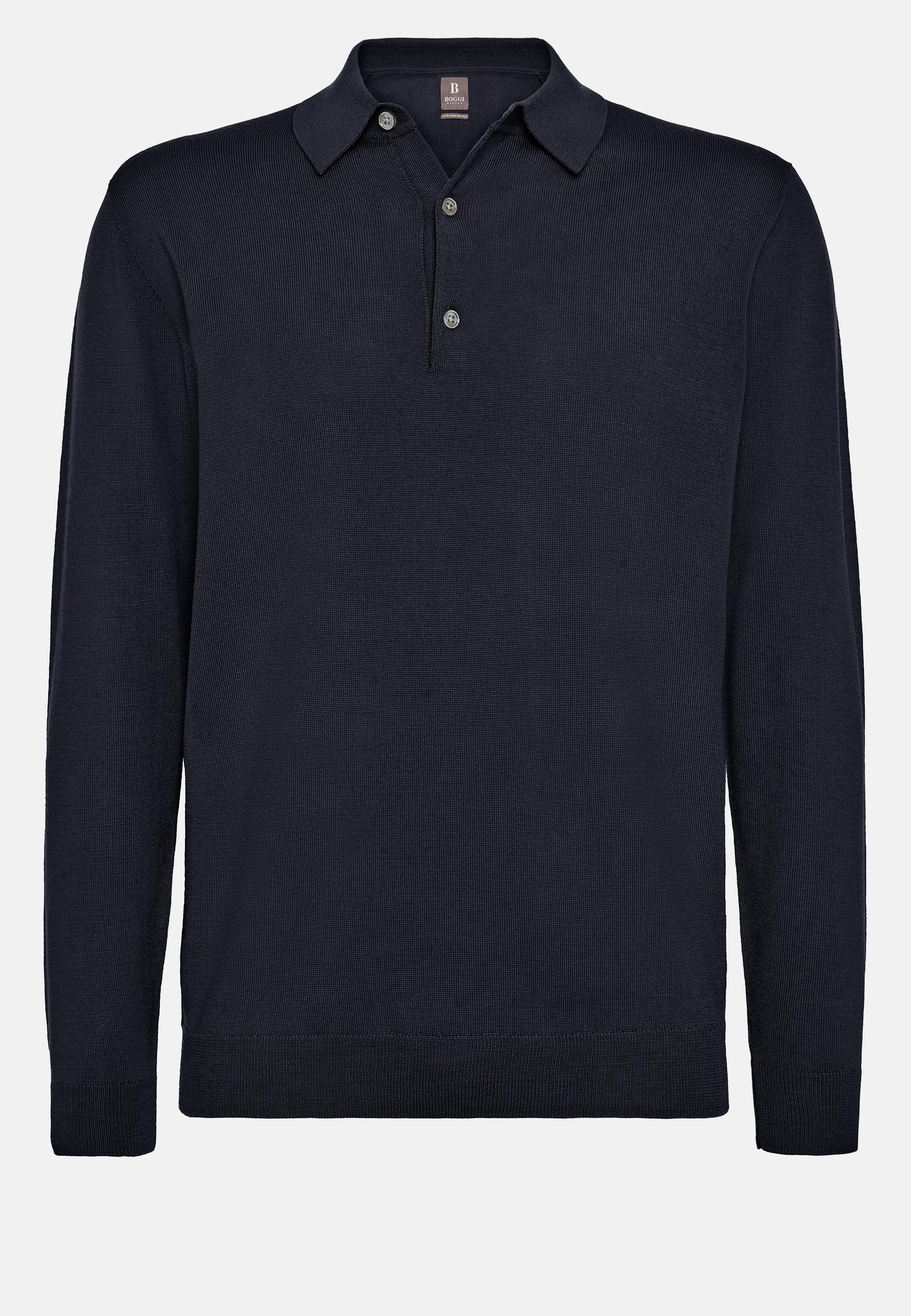Navy Wool Knitted Polo Shirt, Navy blue, large image number 4