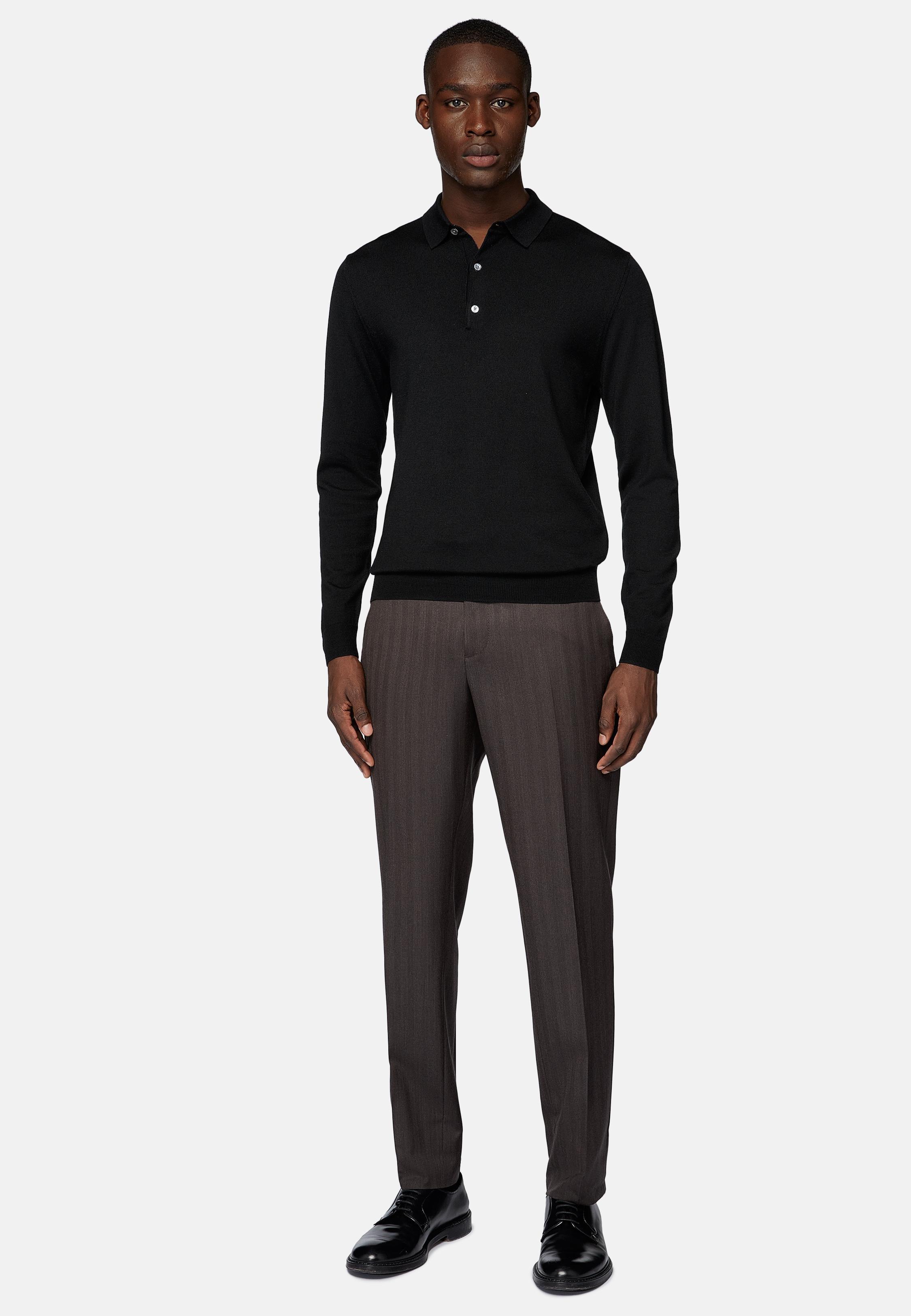 Black Wool Knitted Polo Shirt, Black, large image number 0
