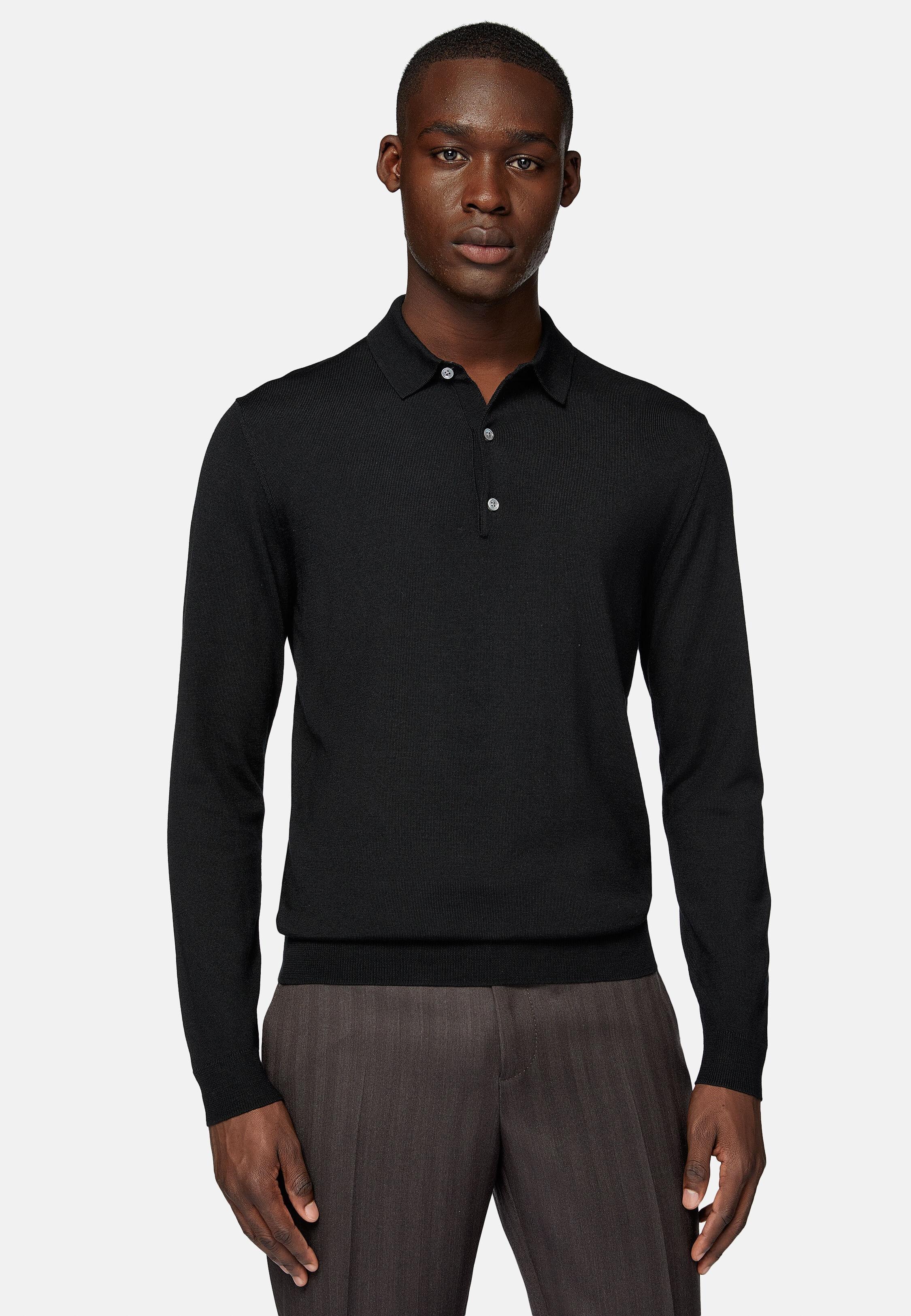 Black Wool Knitted Polo Shirt, Black, large image number 0