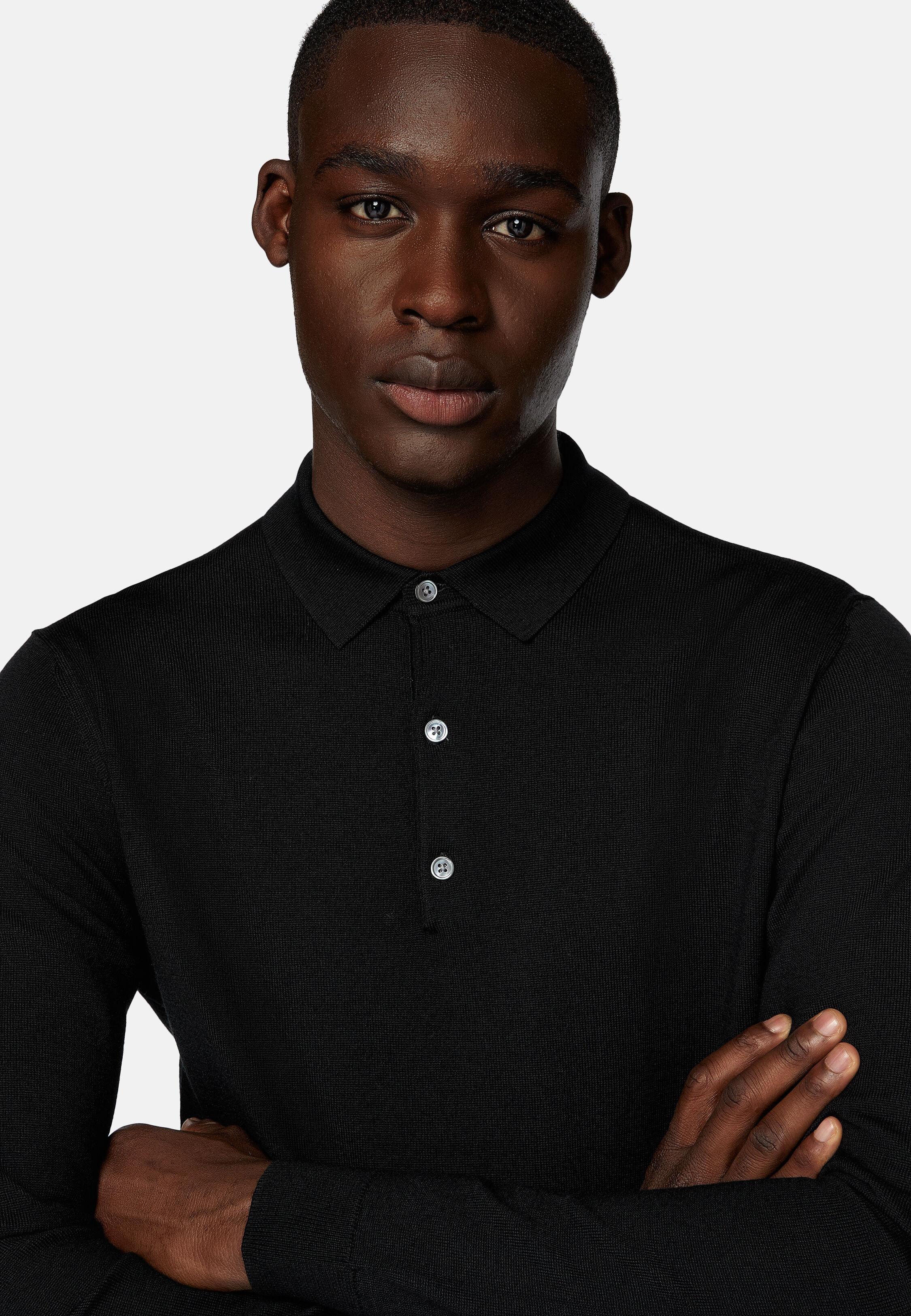 Black Wool Knitted Polo Shirt, Black, large image number 2