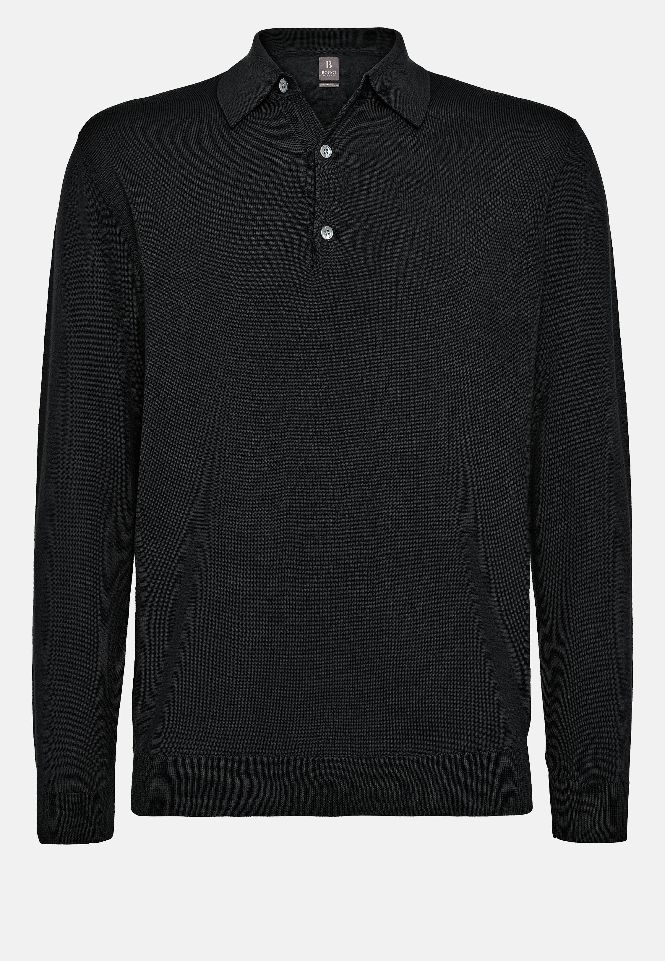 Black Wool Knitted Polo Shirt, Black, large image number 3