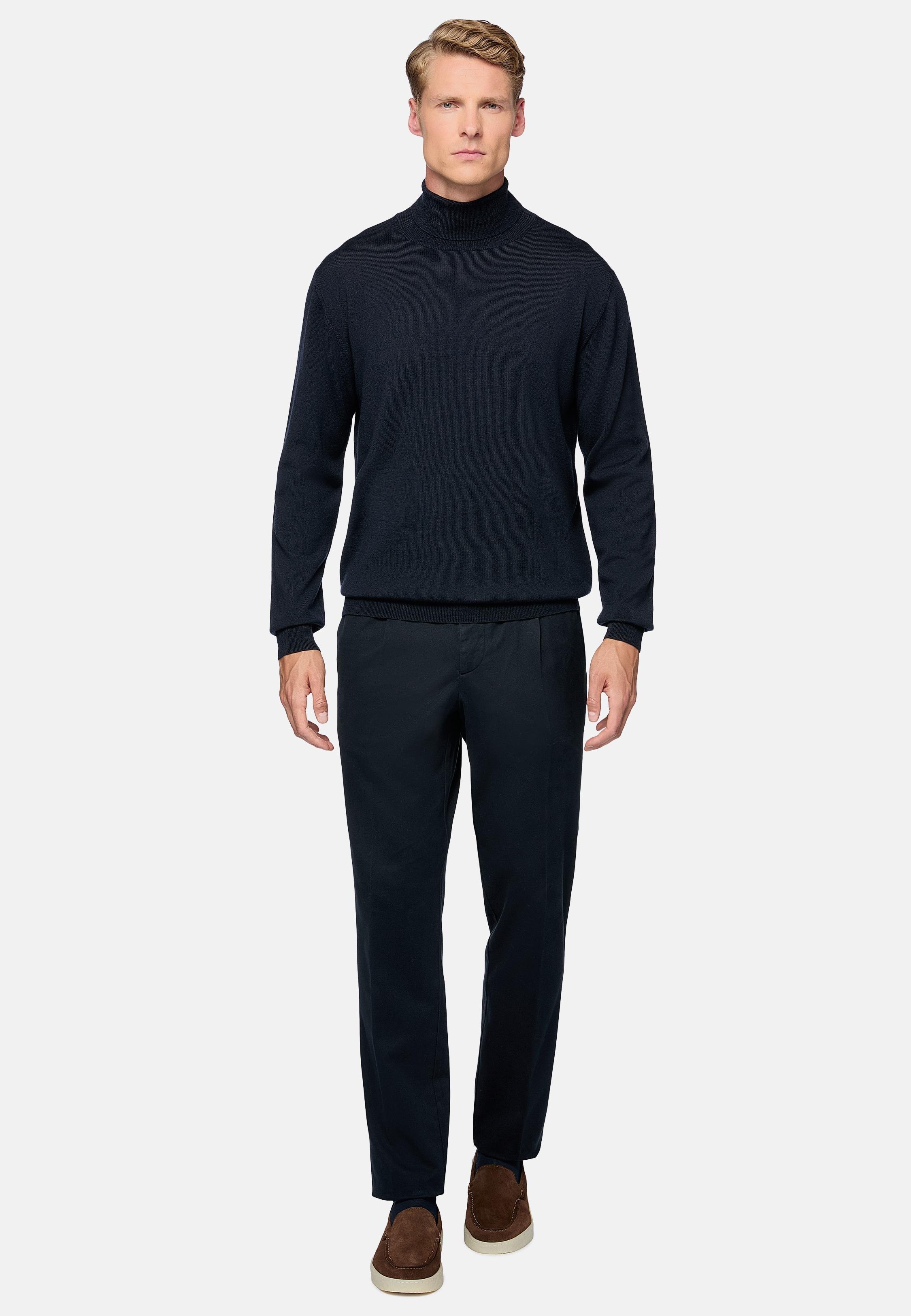 Blue Stretched Cotton Tencel Trousers, , large image number 1