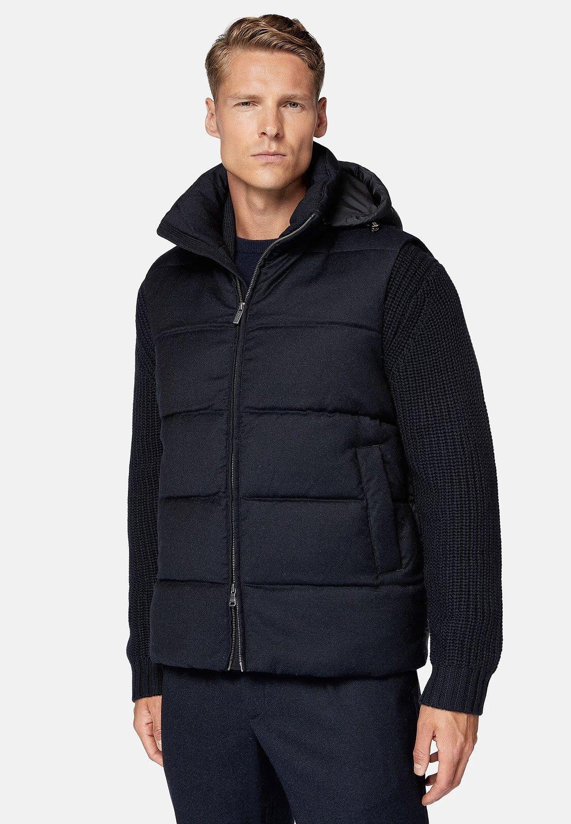 Navy Down-Filled Flannel Gilet With Hood, , large image number 0