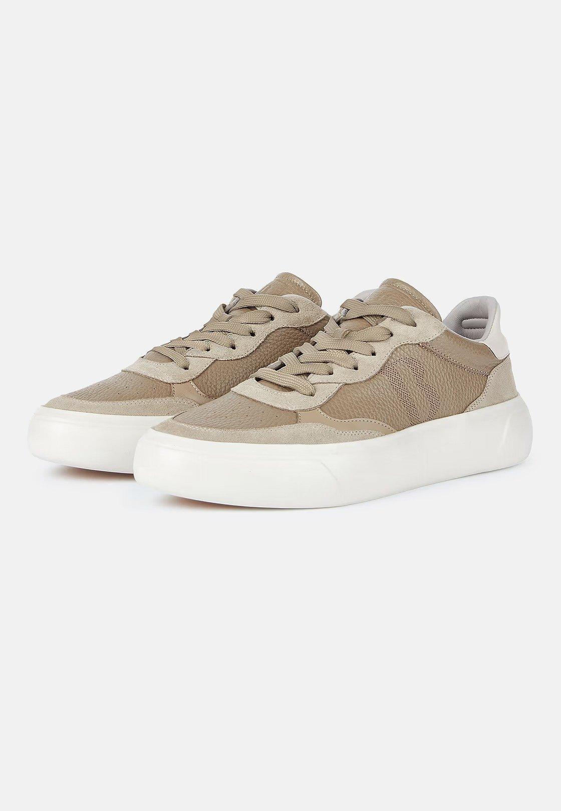 Taupe Tumbled Leather Trainers With Logo, , large image number 1